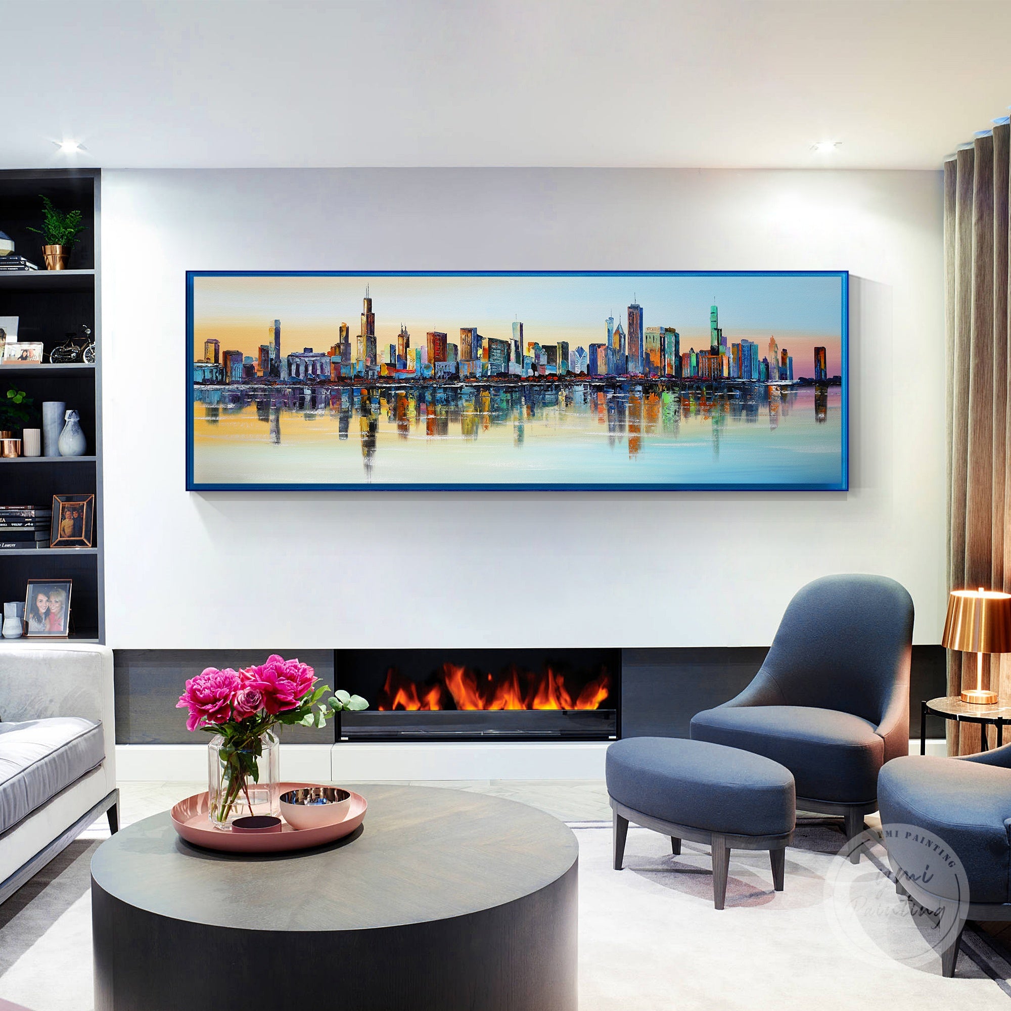 Chicago skyline wall art on canvas, blending modern and artistic urban style.