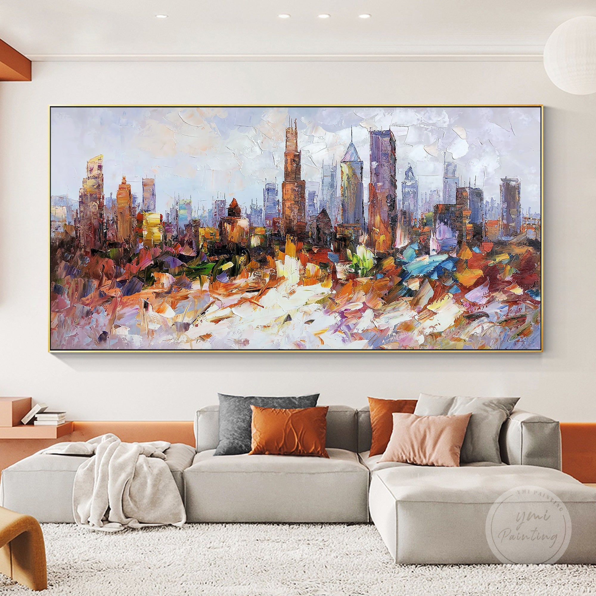 Hand-painted abstract cityscape of Chicago, featuring dynamic brushstrokes and vibrant color contrasts.