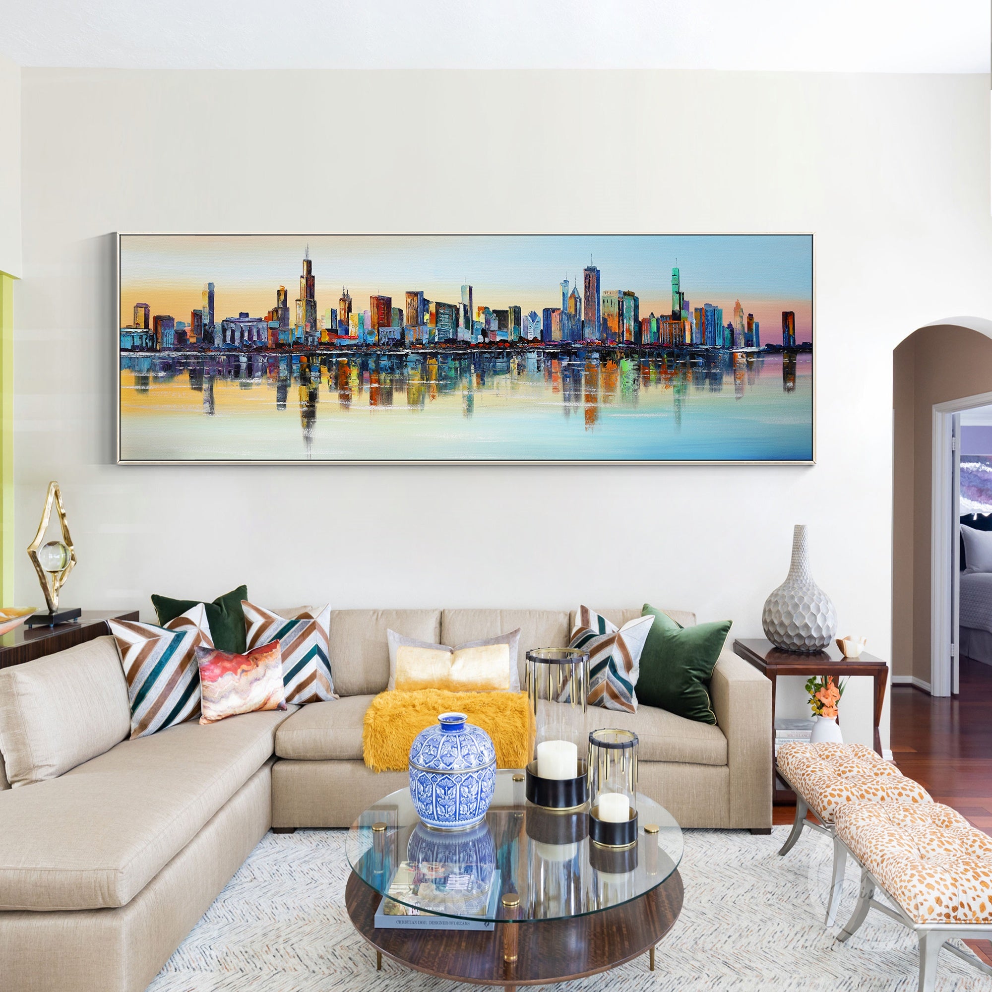 Framed canvas wall art featuring a colorful, abstract cityscape of Chicago’s iconic skyline.