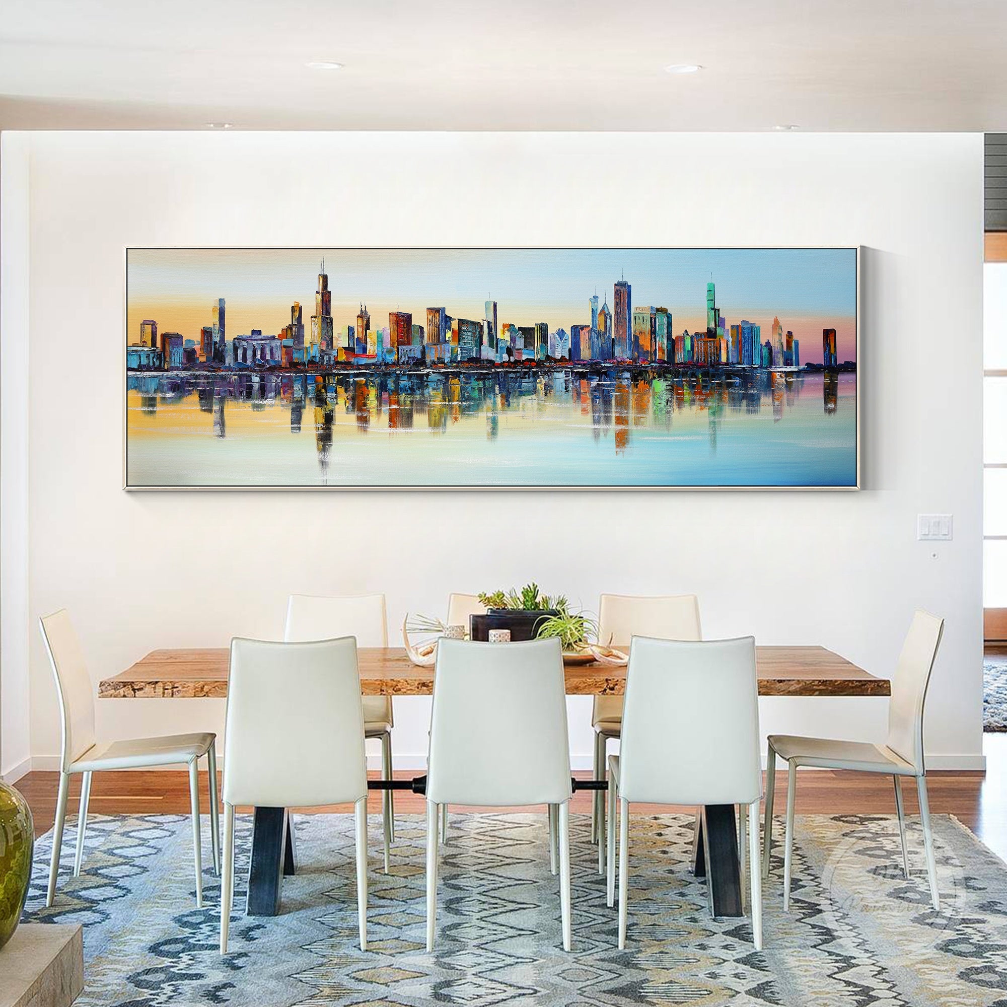 Modern colorful abstract painting of Chicago, adding depth and energy to your living space.