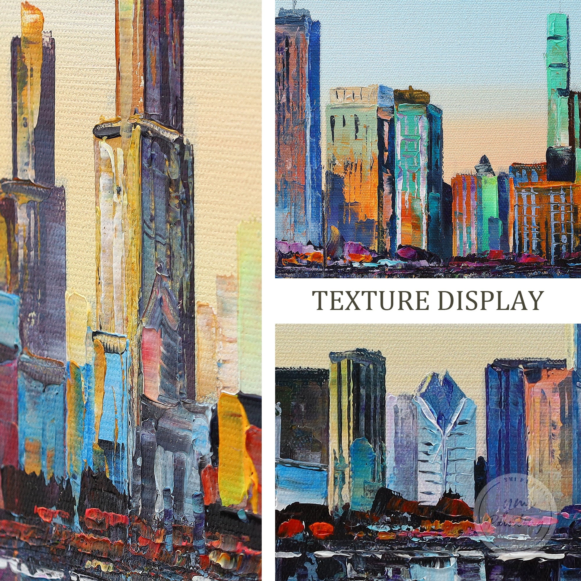 Textured abstract Chicago skyline painting, ideal for contemporary and urban wall decor.