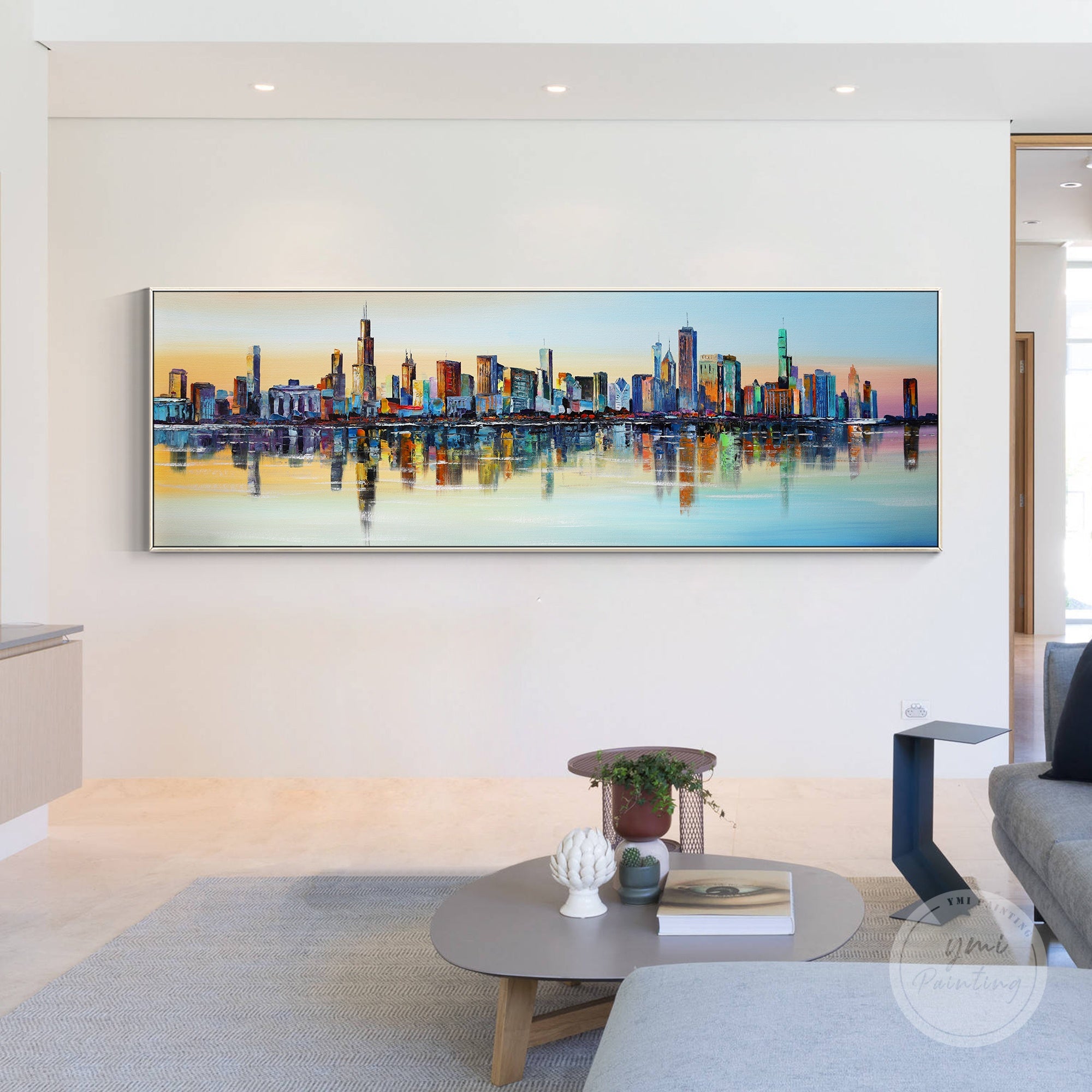 Hand-painted Chicago cityscape art with vibrant colors and abstract texture, framed canvas wall art.