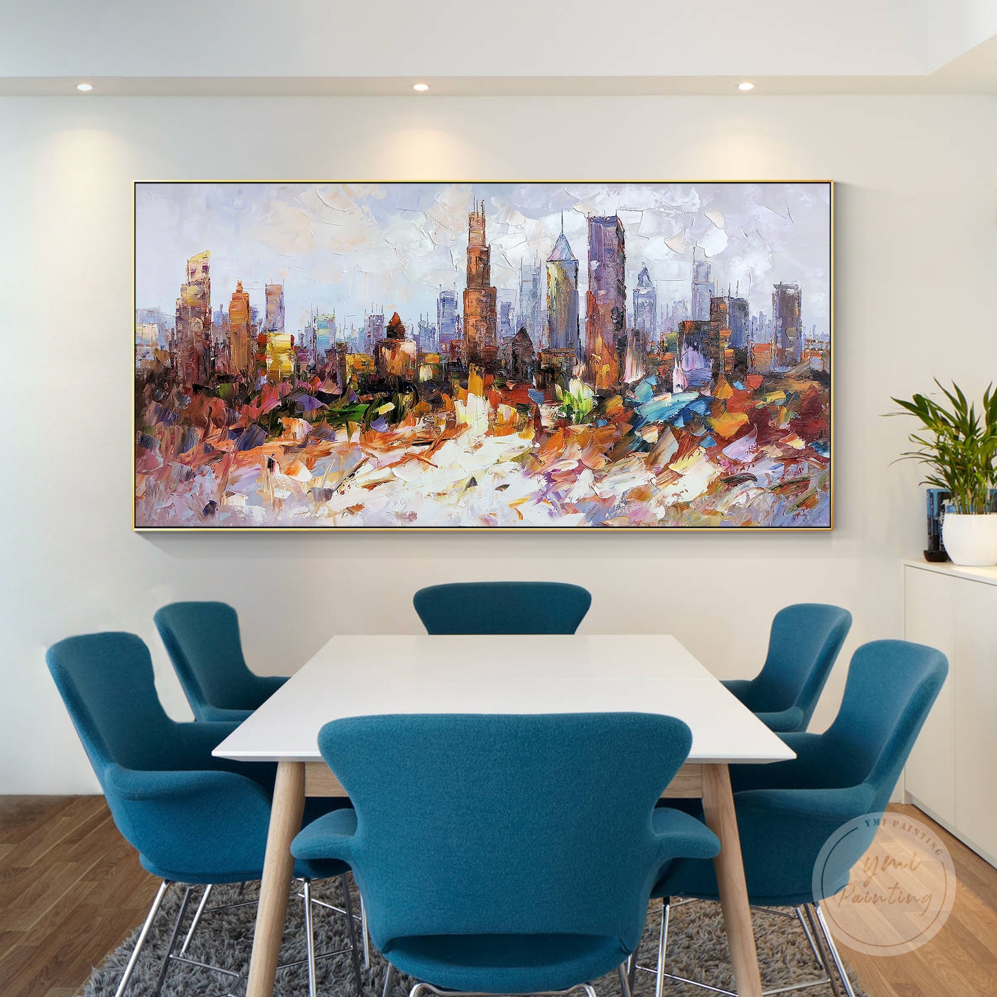 Framed canvas art of Chicago’s iconic skyline, captured in abstract forms and vivid colors.