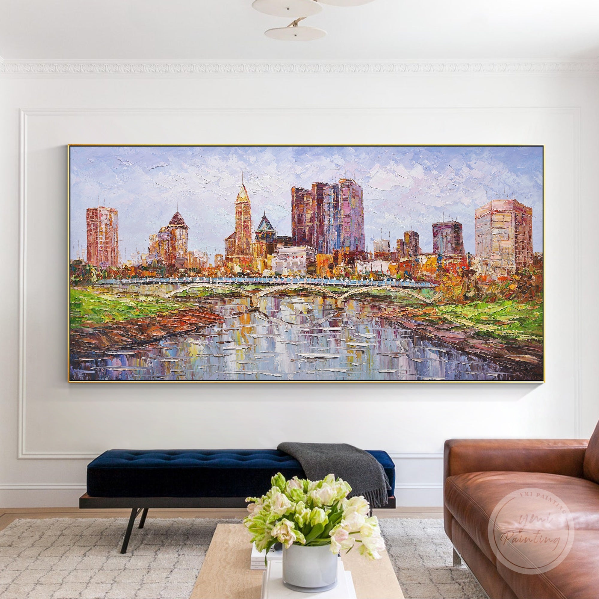 Palette knife art of Columbus, Ohio’s skyline, perfect for modern and contemporary home decor.