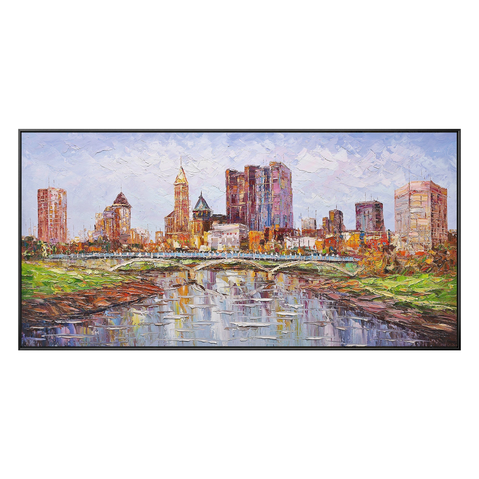 Abstract cityscape of Columbus, Ohio, hand-painted with palette knife techniques for texture and depth.