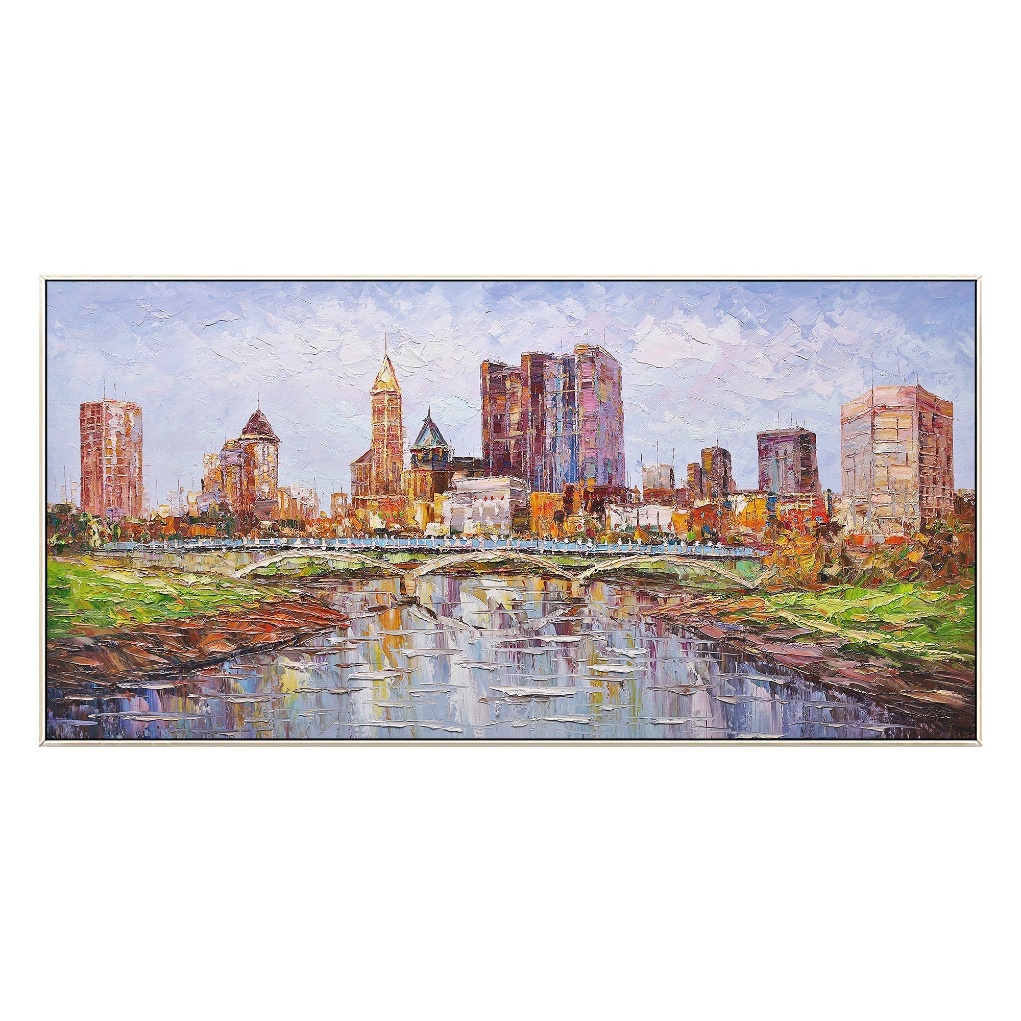 Columbus Ohio skyline oil painting, featuring bold abstract elements and striking colors.