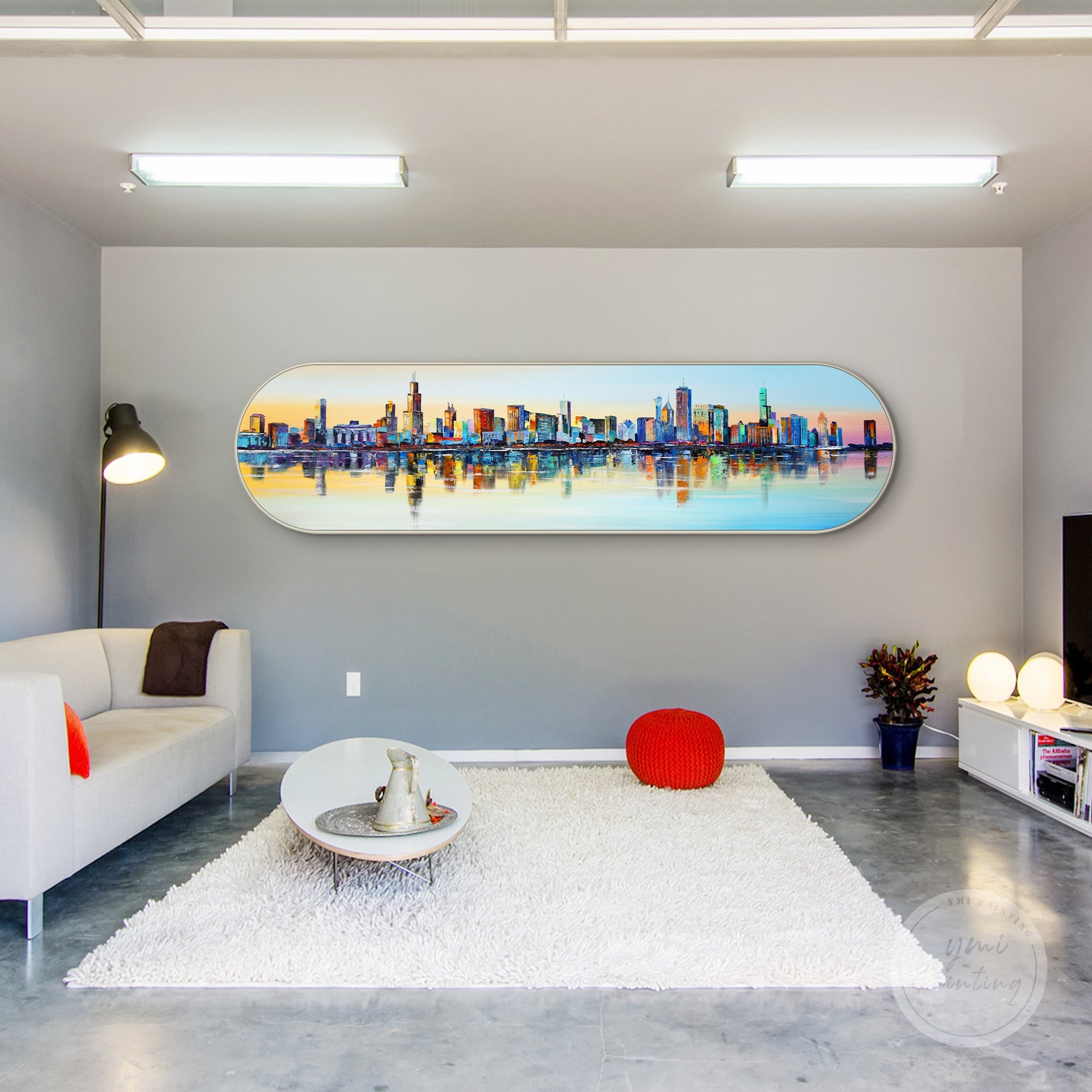 Framed abstract Chicago skyline painting, capturing the energy and vibrancy of the city with bold textures.