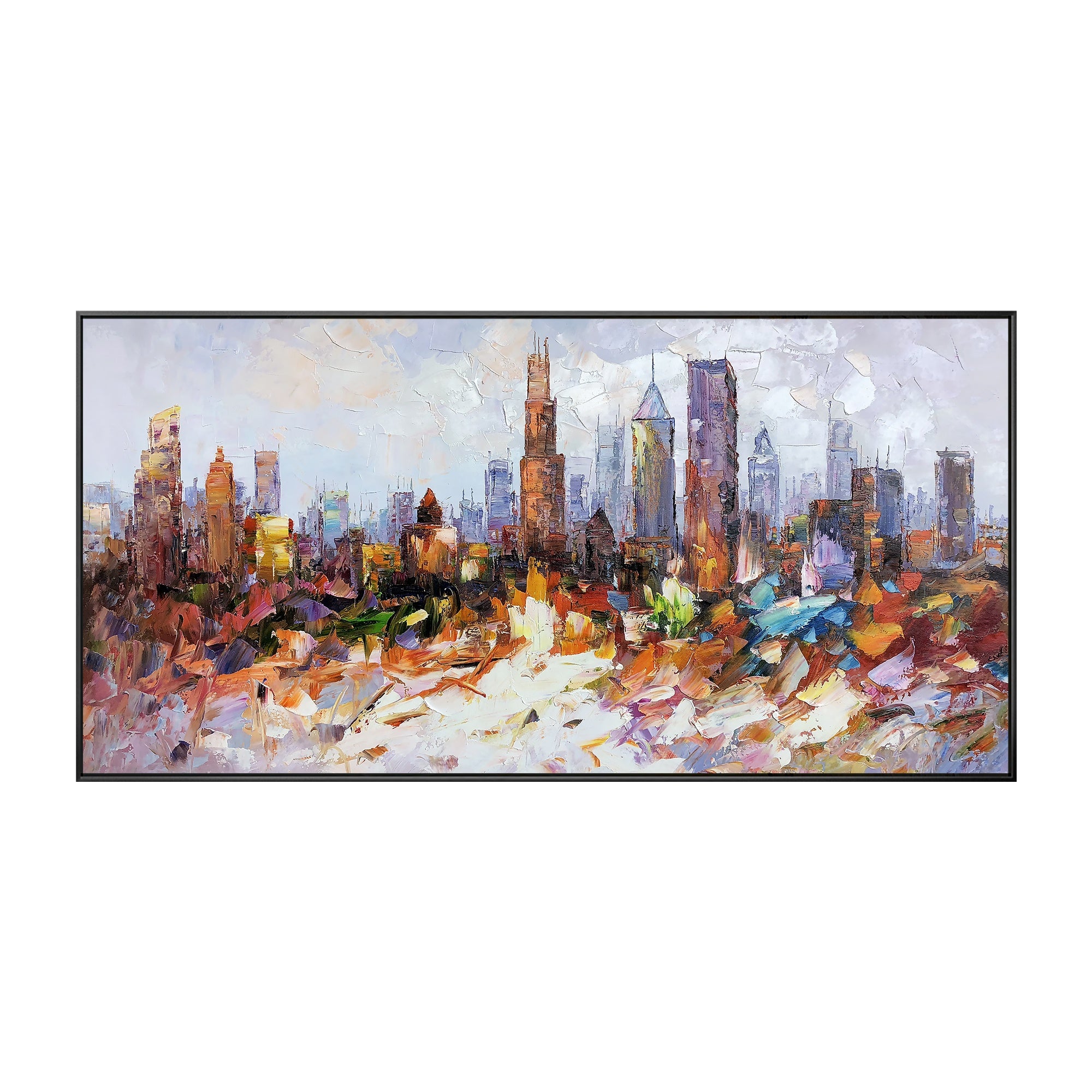 Chicago skyline abstract cityscape painting on framed canvas, perfect for modern urban decor.