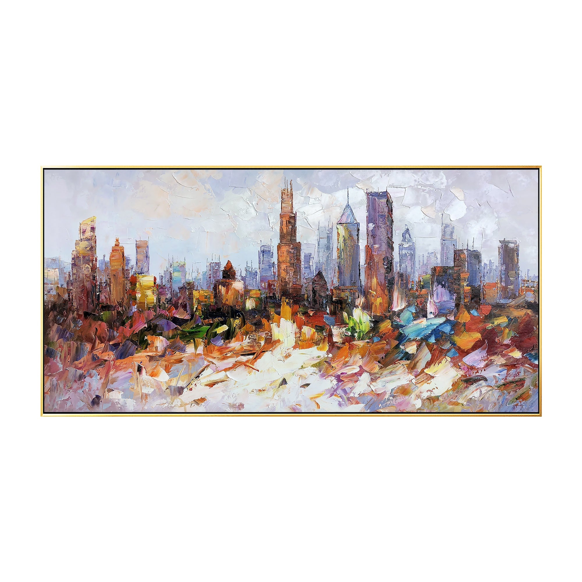 Hand-painted Chicago abstract skyline art, bringing energy and style to modern home decor.