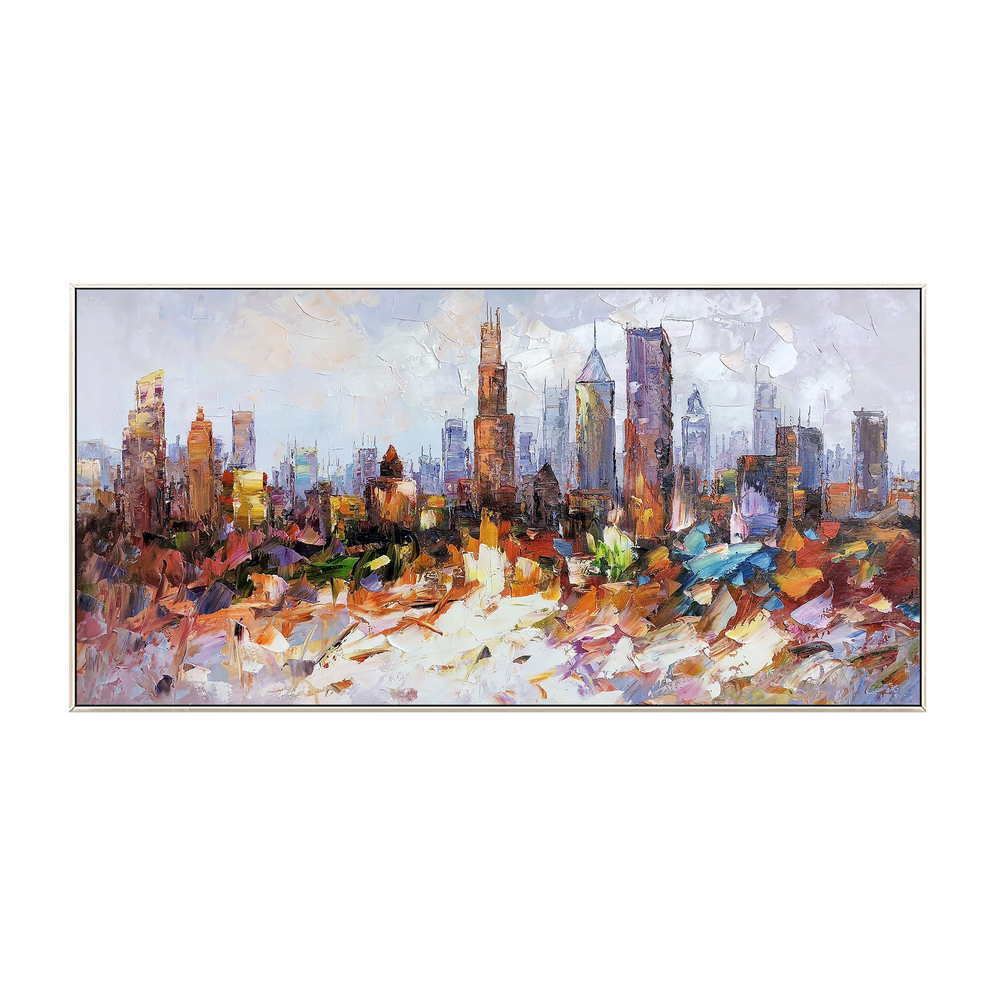 Abstract cityscape canvas art of Chicago, framed and ready to hang in any contemporary space.