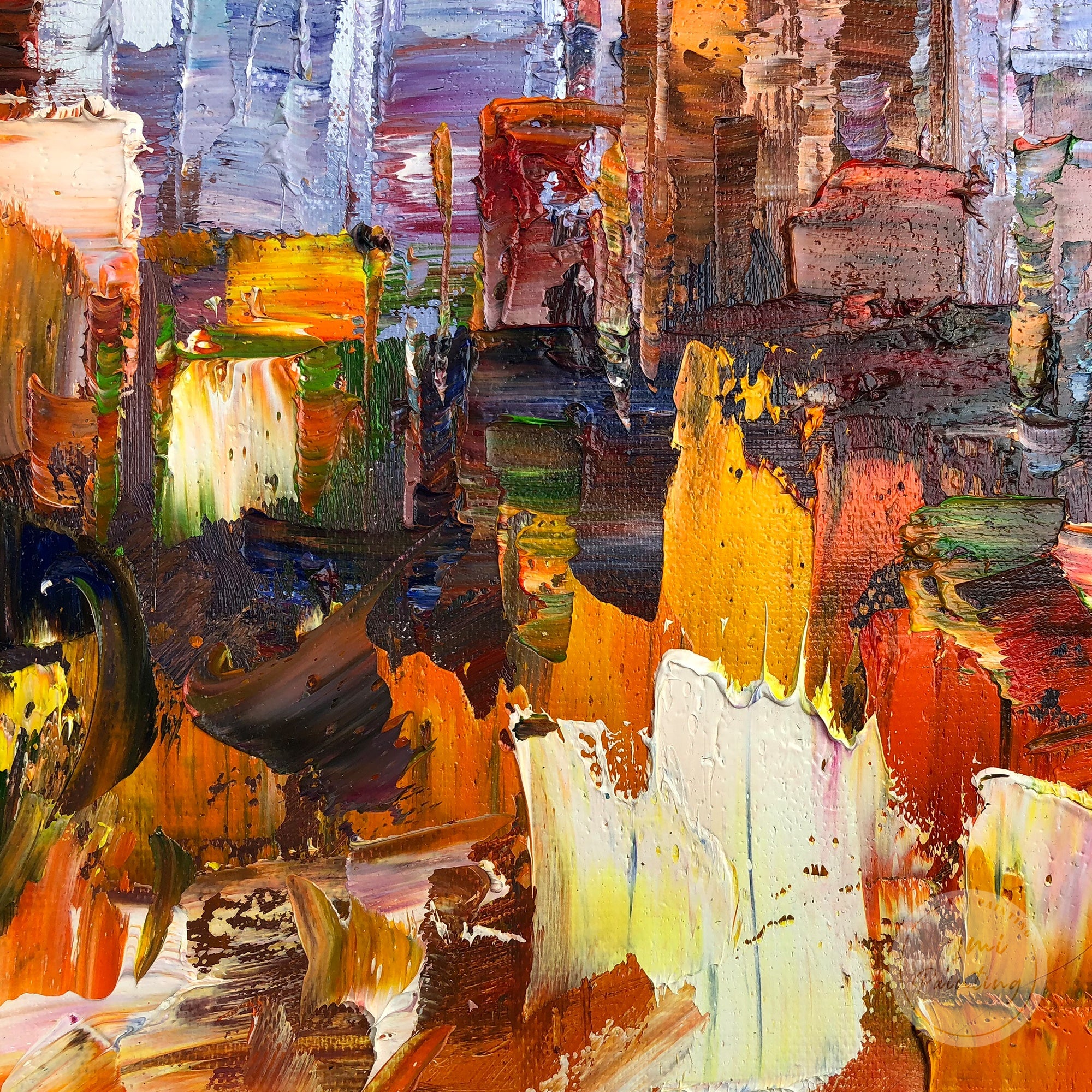 Abstract cityscape art of Chicago’s skyline, ideal for contemporary living rooms or office spaces.