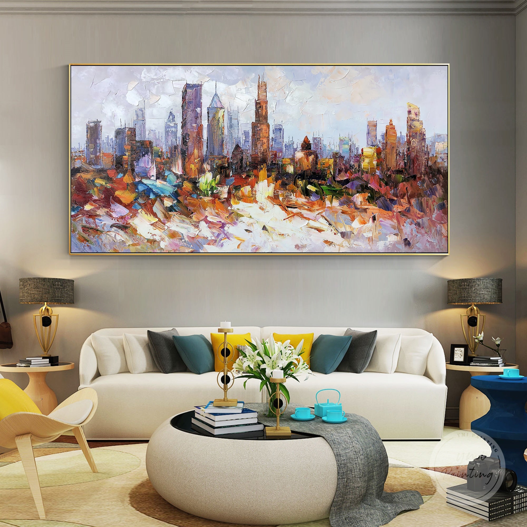 Abstract cityscape painting of Chicago, framed canvas art ideal for creating a striking focal point.