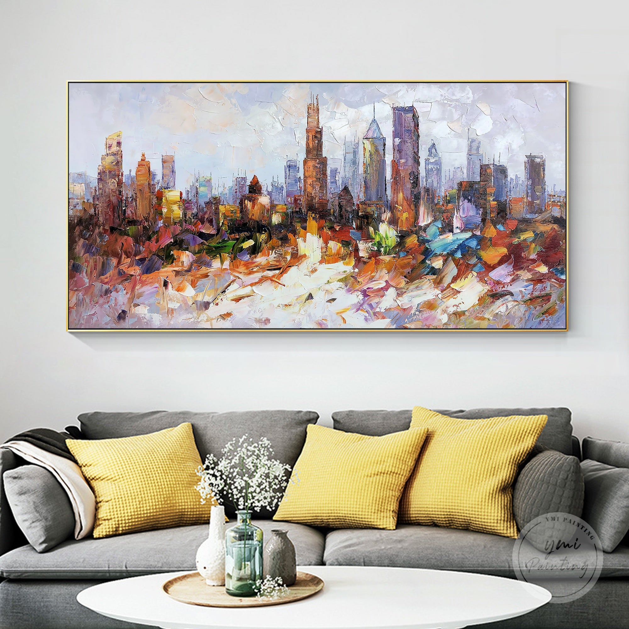 Chicago cityscape abstract painting, perfect for sophisticated urban interiors.