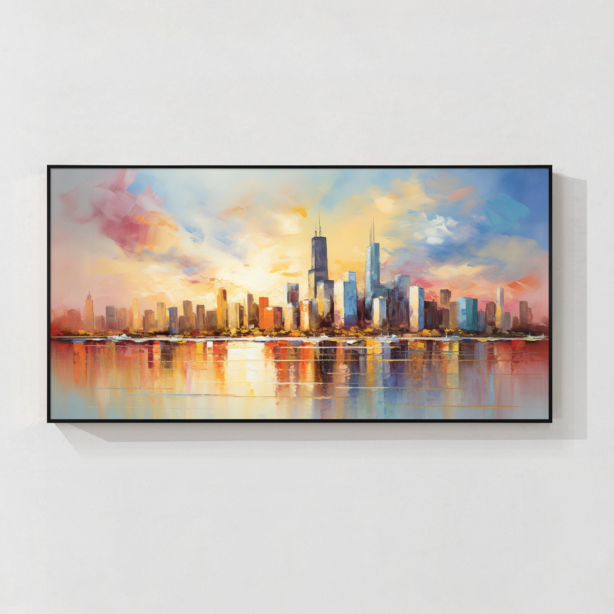Chicago skyline sunset oil painting above a living room sofa, ideal housewarming gift