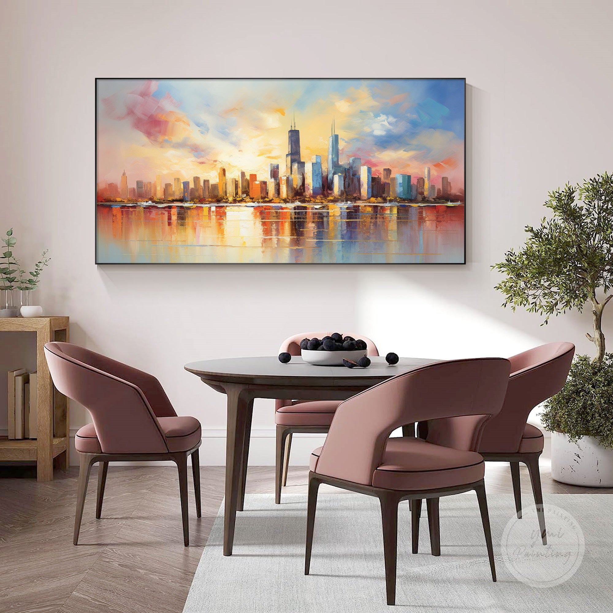 Sunset Chicago skyline painting in modern bedroom, thoughtful birthday gift