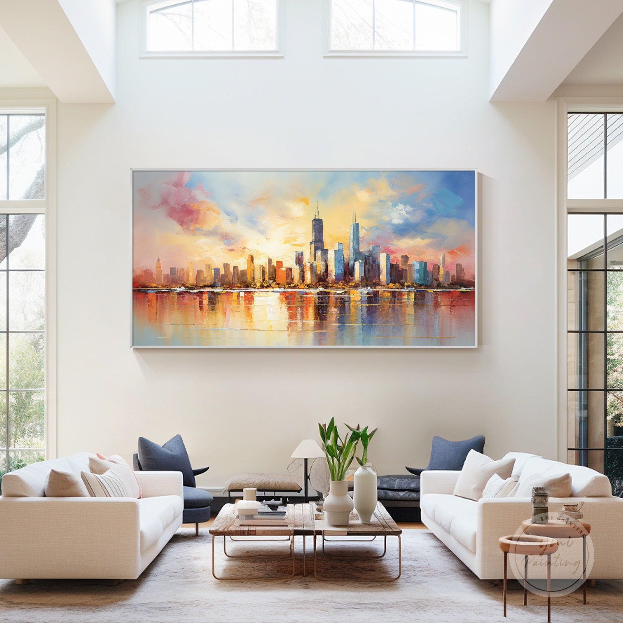 Reflective Michigan Lake with skyscrapers at sunset, modern loft wall art, gift for art enthusiasts