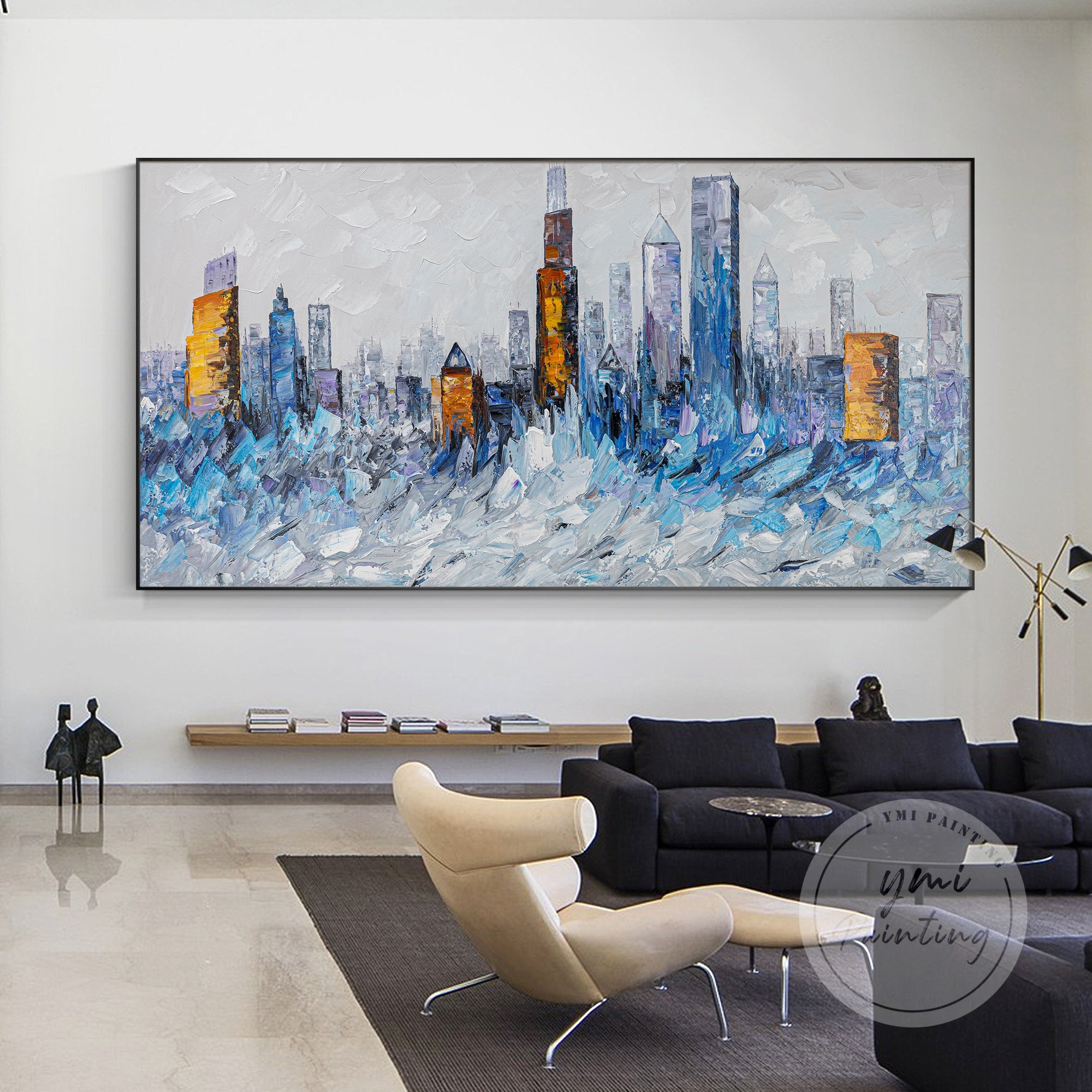 Original blue and gold Chicago painting featuring the iconic skyline, perfect for adding elegance and modern style to your space.