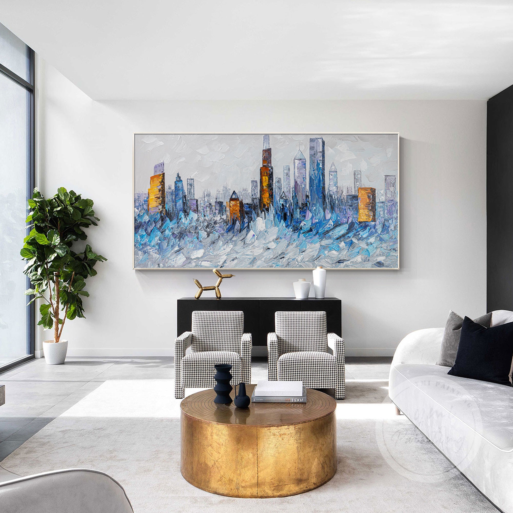 Large Chicago skyline canvas artwork with rich blue and gold tones, offering a striking and sophisticated focal point for your room.