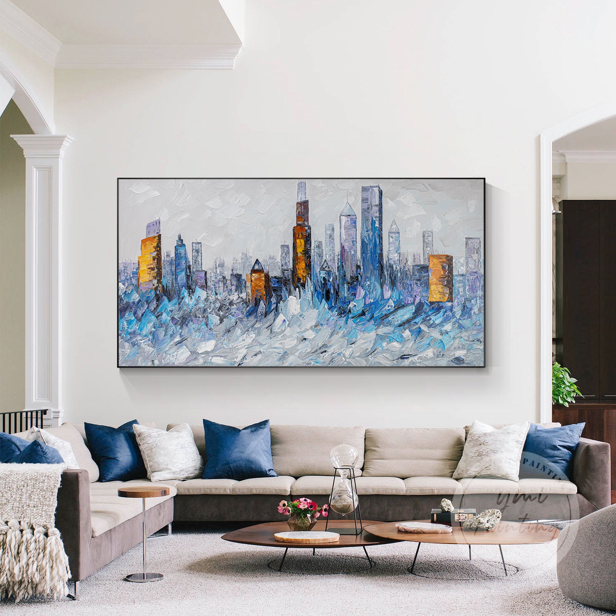 Abstract Chicago painting with vibrant blue and gold tones, perfect for bringing modern urban energy into any home or office decor.