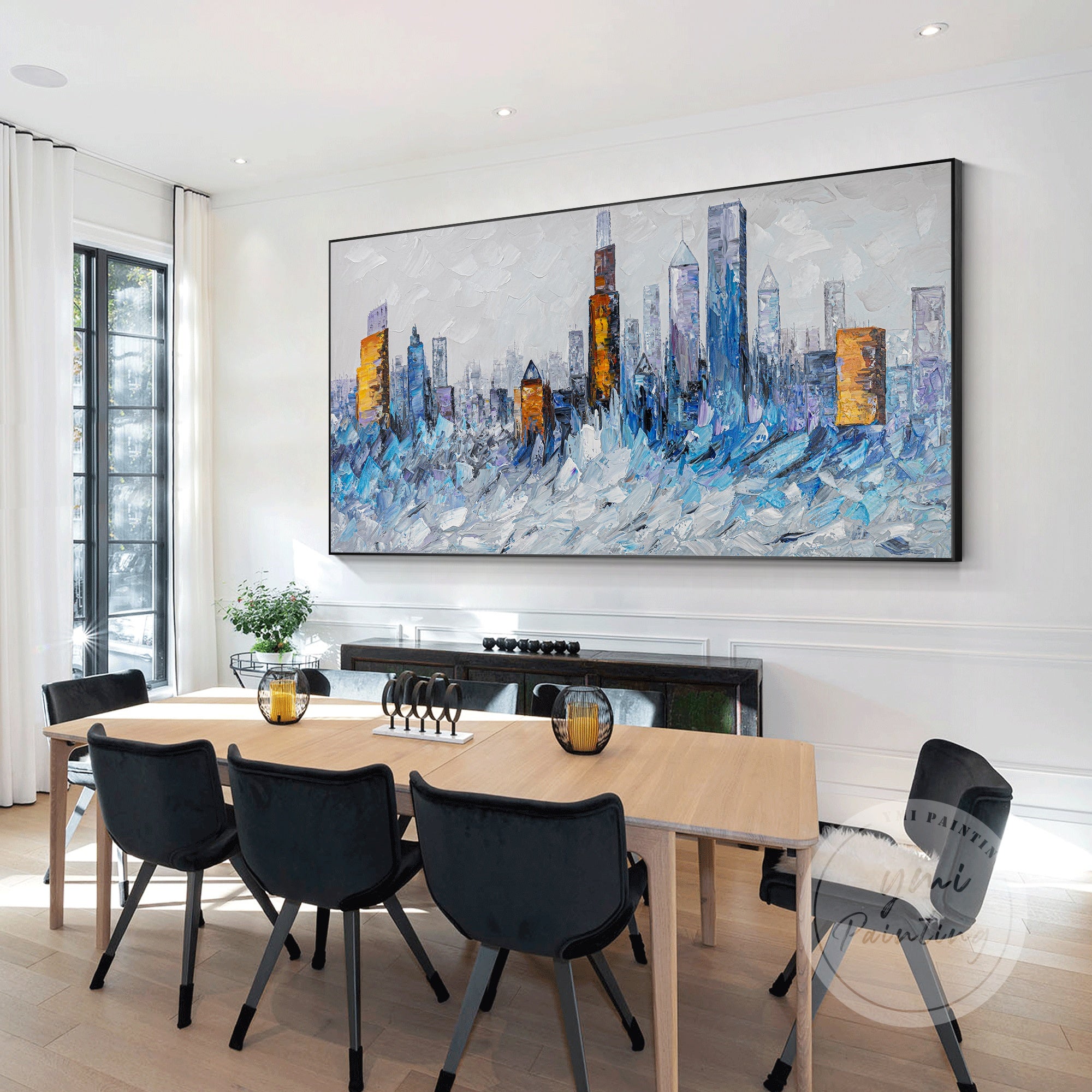 Blue and gold Chicago skyline art, featuring powerful textures and dramatic colors to create a statement piece for your walls.