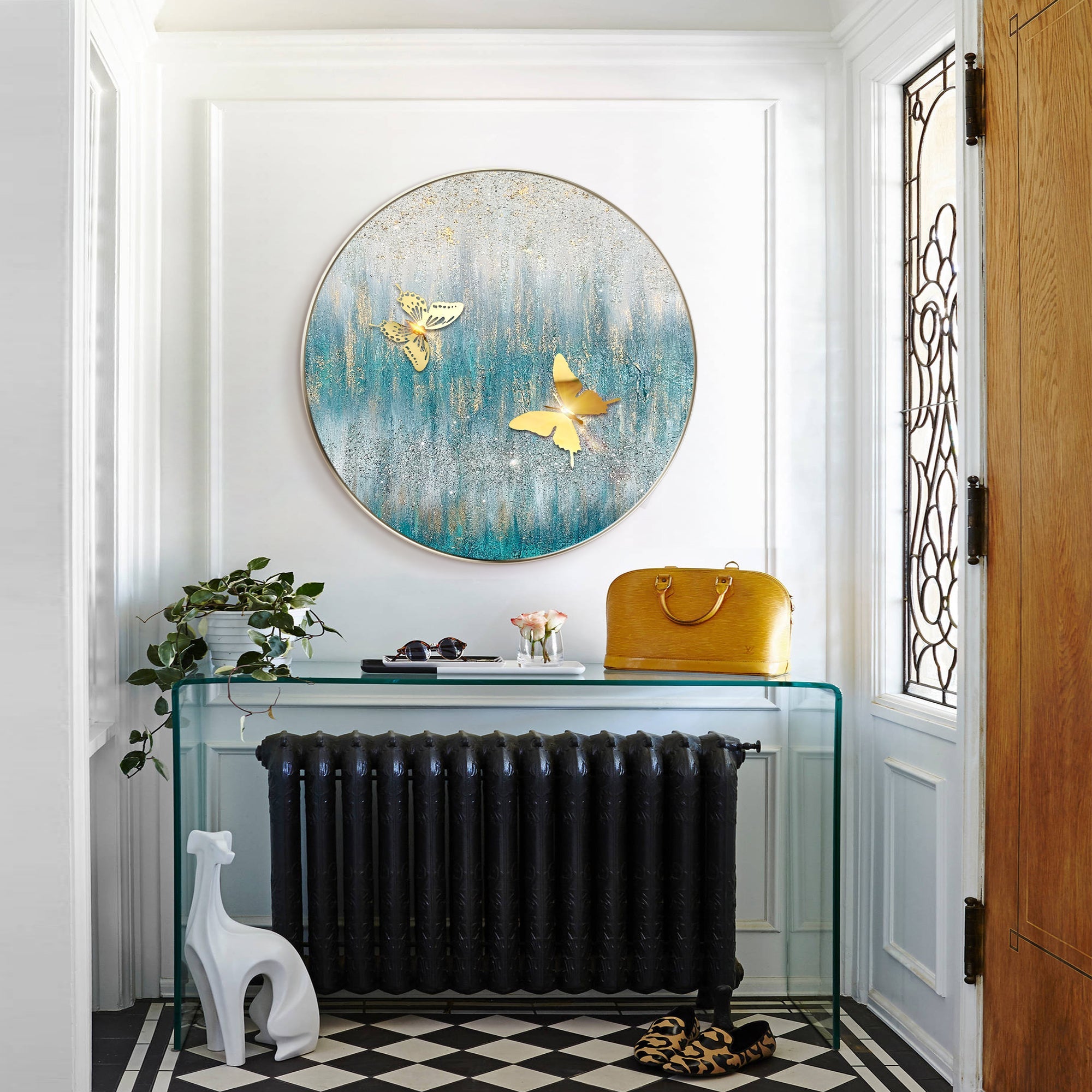 Modern glitter art painting with metallic butterflies