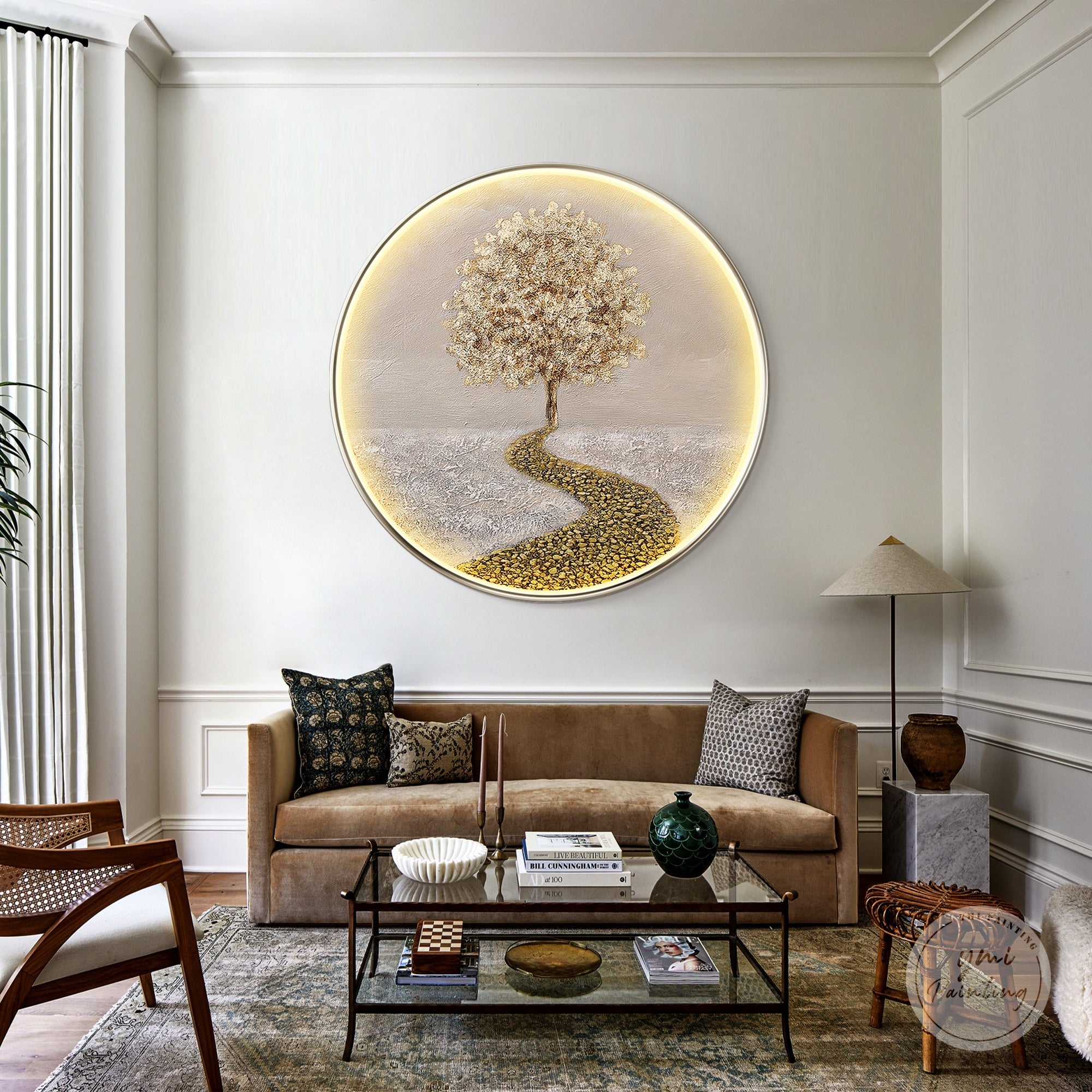 Gold leaf tree LED wall art with adjustable lighting styled above a sofa in a contemporary living room