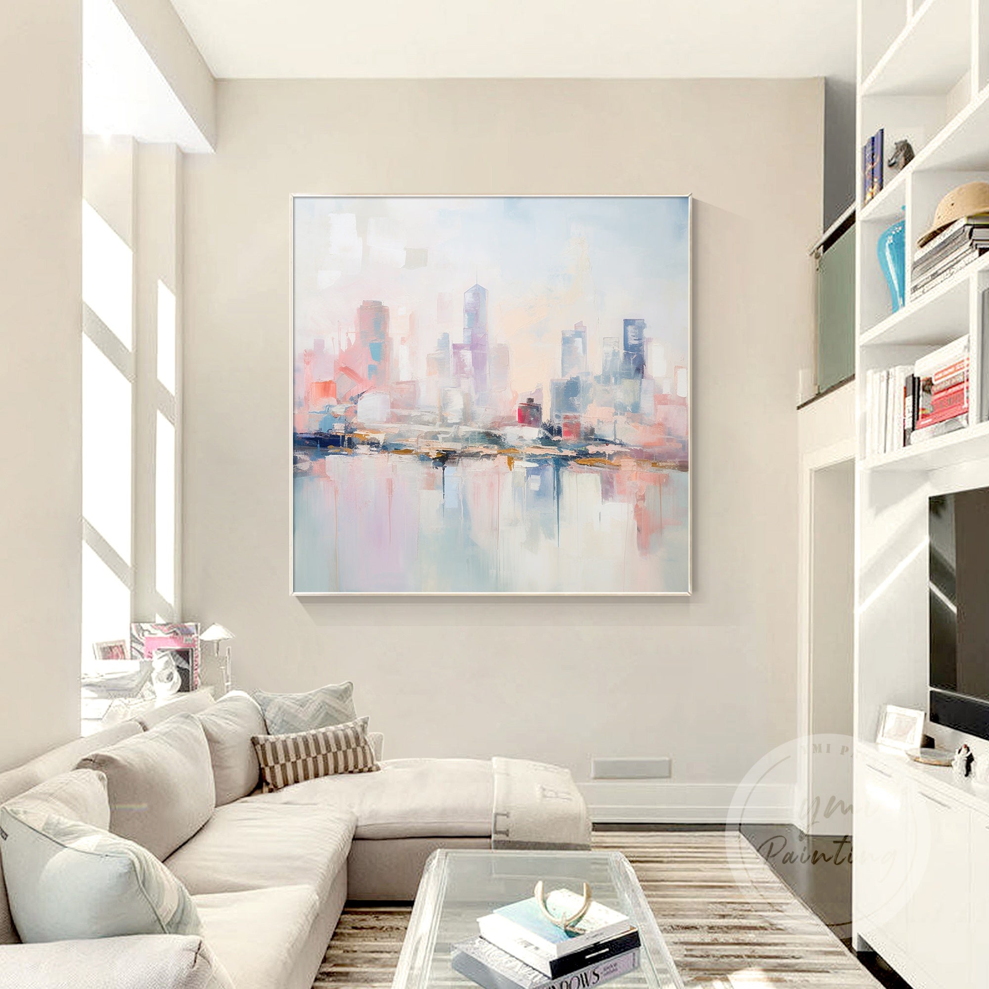 Original pastel city skyline art in soft pink and blue tones, offering a tranquil and soothing atmosphere to your living or office space.