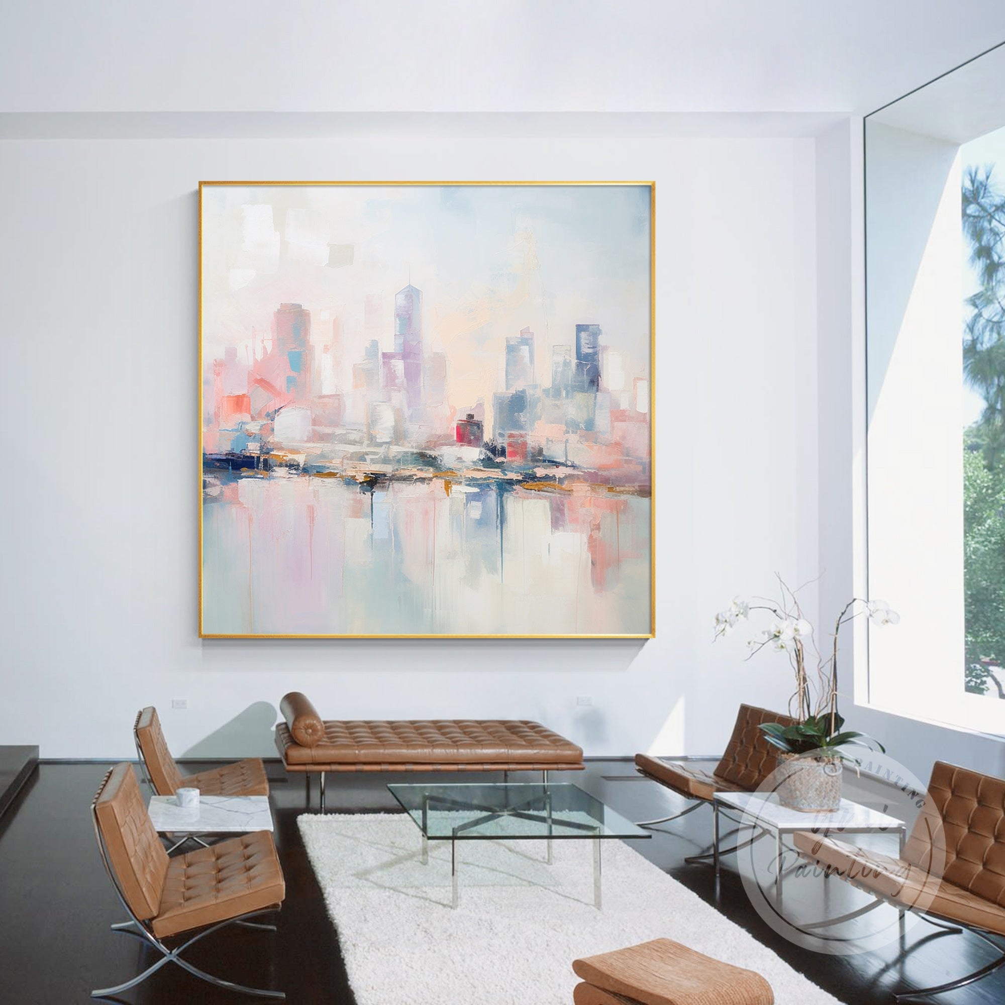 Large framed cityscape painting, featuring a gentle pink-blue gradient skyline, perfect for adding elegance and calmness to any modern space.