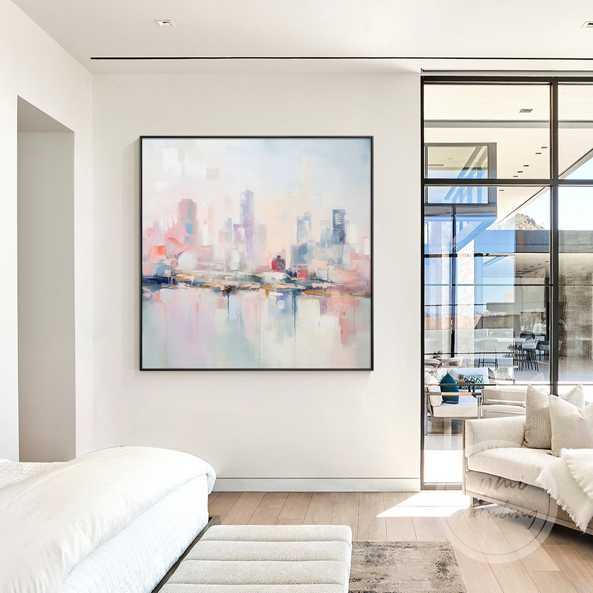 Beautiful pastel cityscape painting with delicate pink and blue tones, ideal for adding serenity and sophistication to your home or office decor.