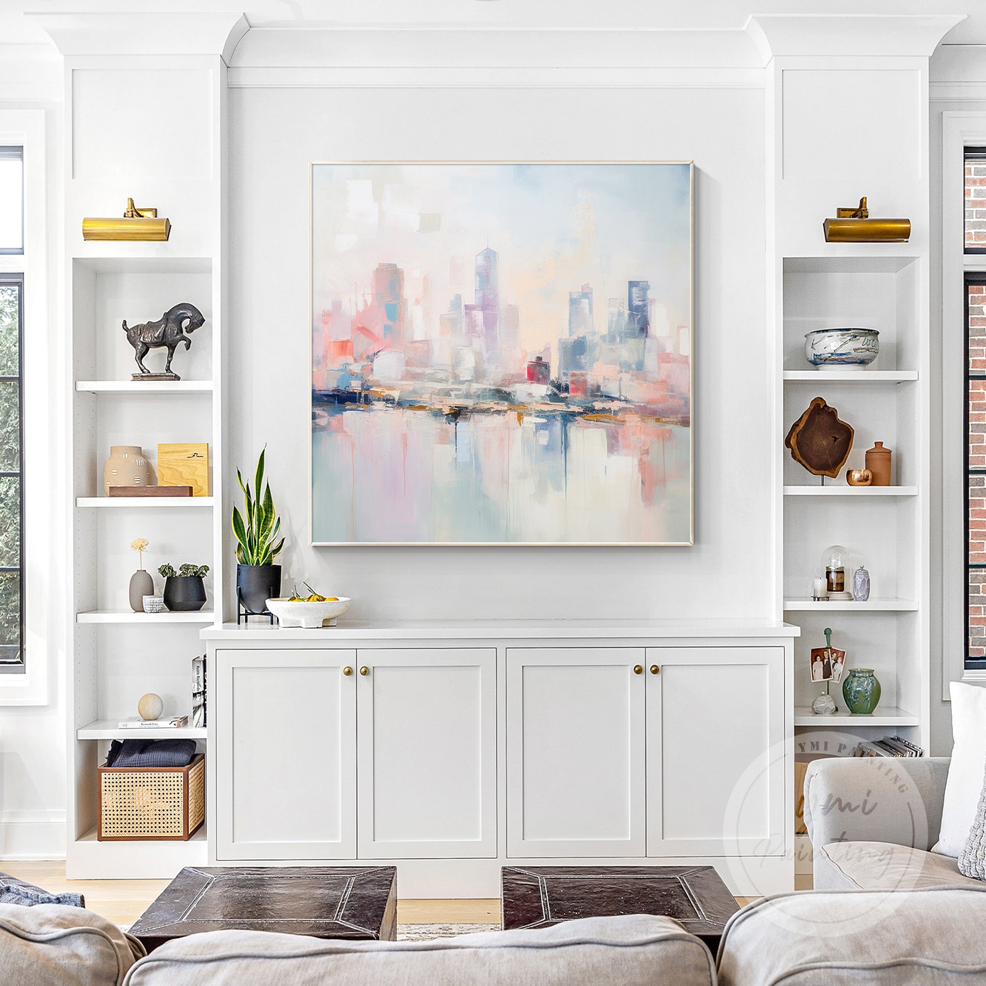Original city skyline painting in soft pastel hues, creating a harmonious atmosphere and stylish addition to any modern interior.