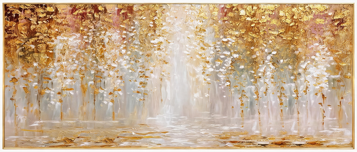 Elegant gold and white panoramic painting with organic shapes and luminous color transitions.