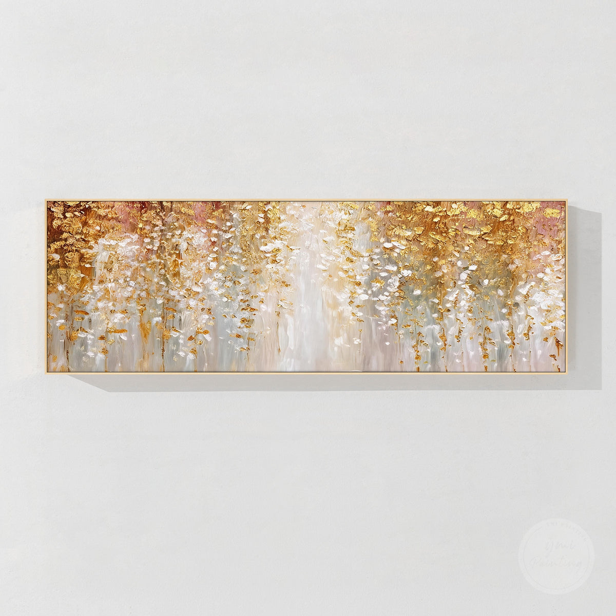 Elegant gold and white panoramic painting with organic shapes and luminous color transitions.