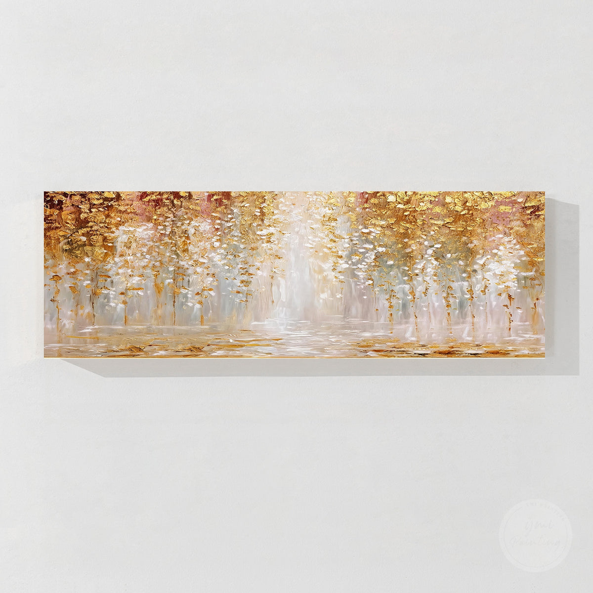 Contemporary gold abstract wall art with vertical strokes and layered neutral textures. 