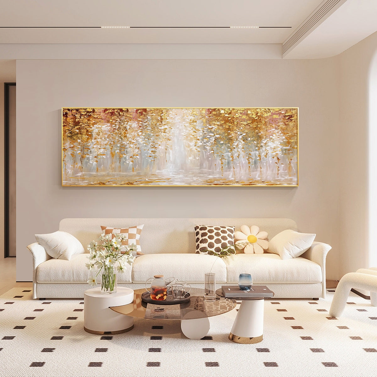 Horizontal gold and white abstract painting with layered organic brushstrokes.