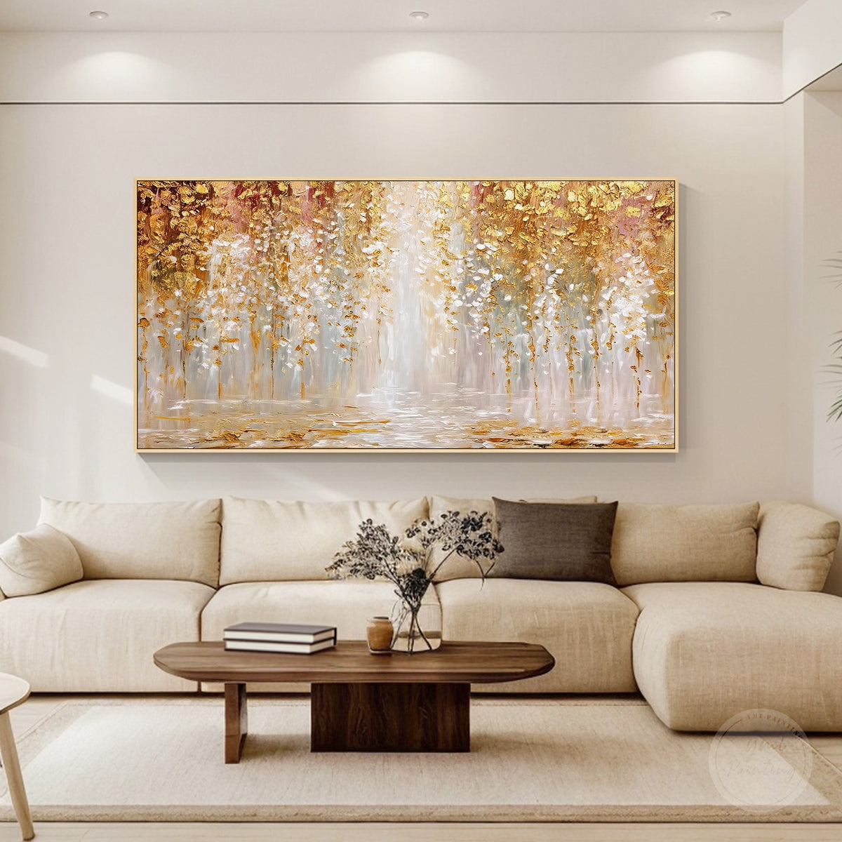 Gold and ivory abstract painting inspired by sunlight and scattered golden foliage.