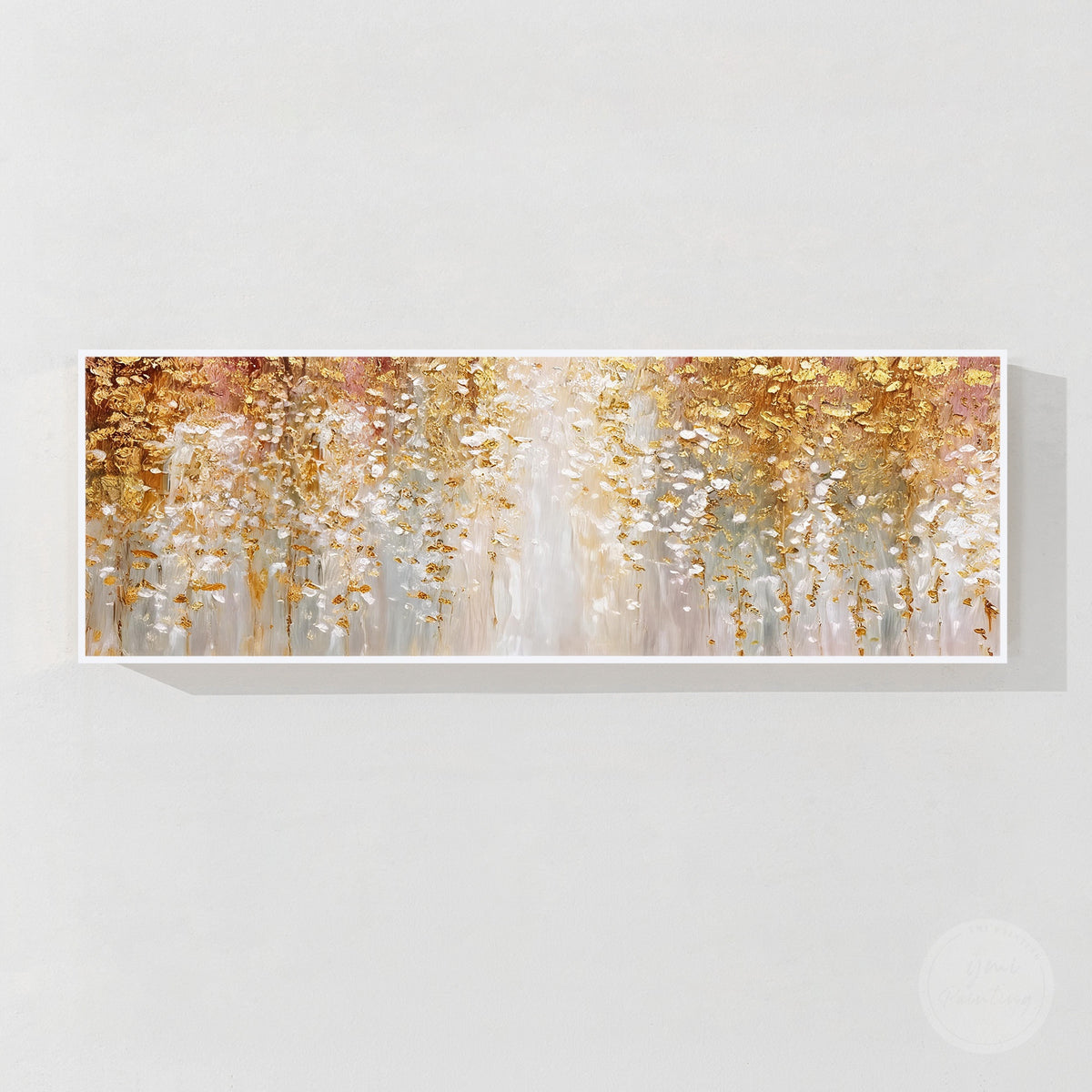 Elegant gold and white panoramic painting with organic shapes and luminous color transitions.