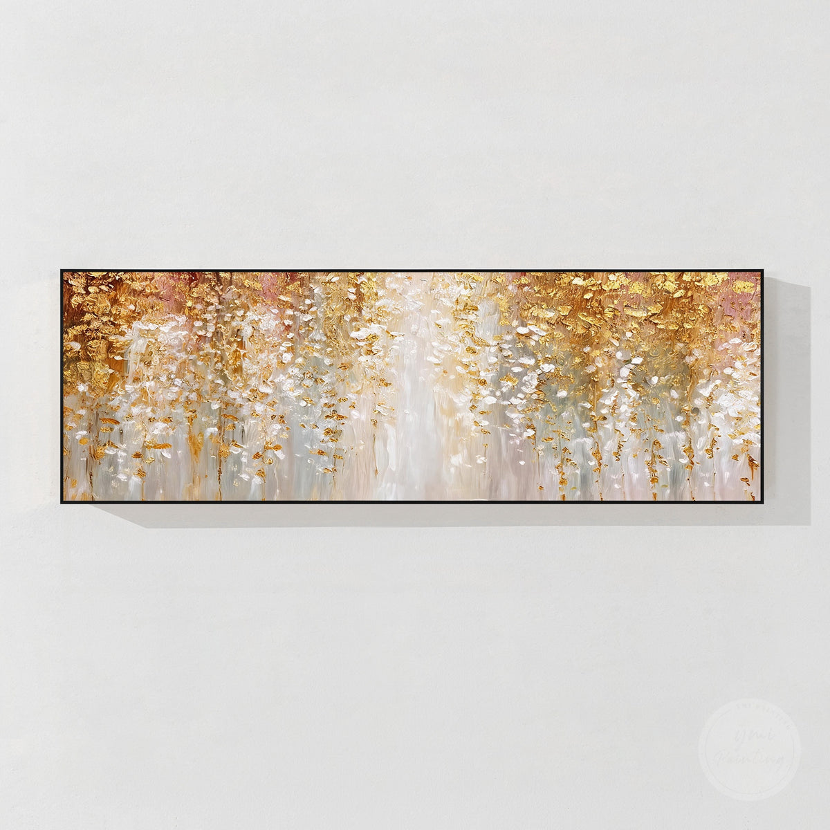 Elegant gold and white panoramic painting with organic shapes and luminous color transitions.