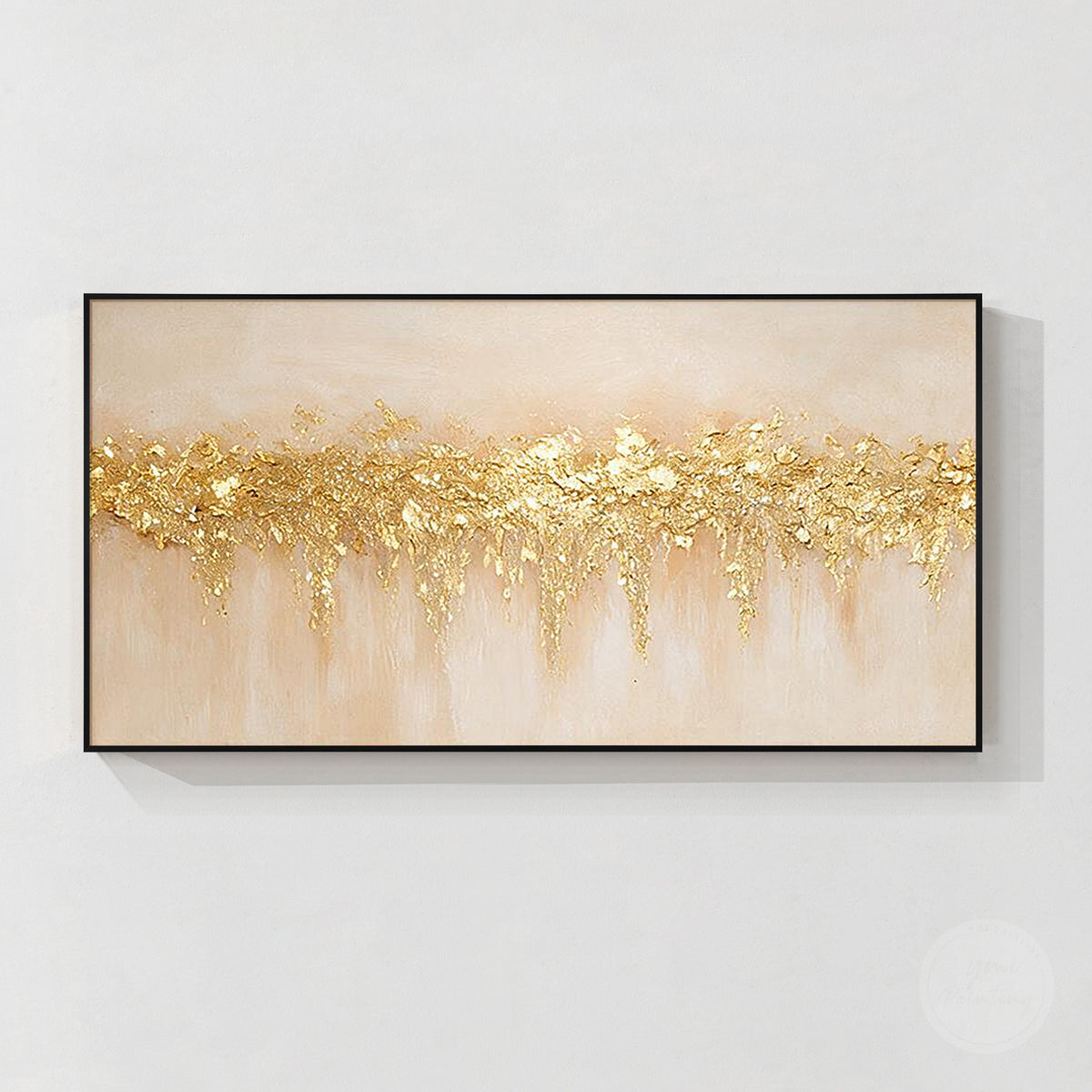 Champagne gold abstract canvas in a slim white frame with a warm neutral color palette.
