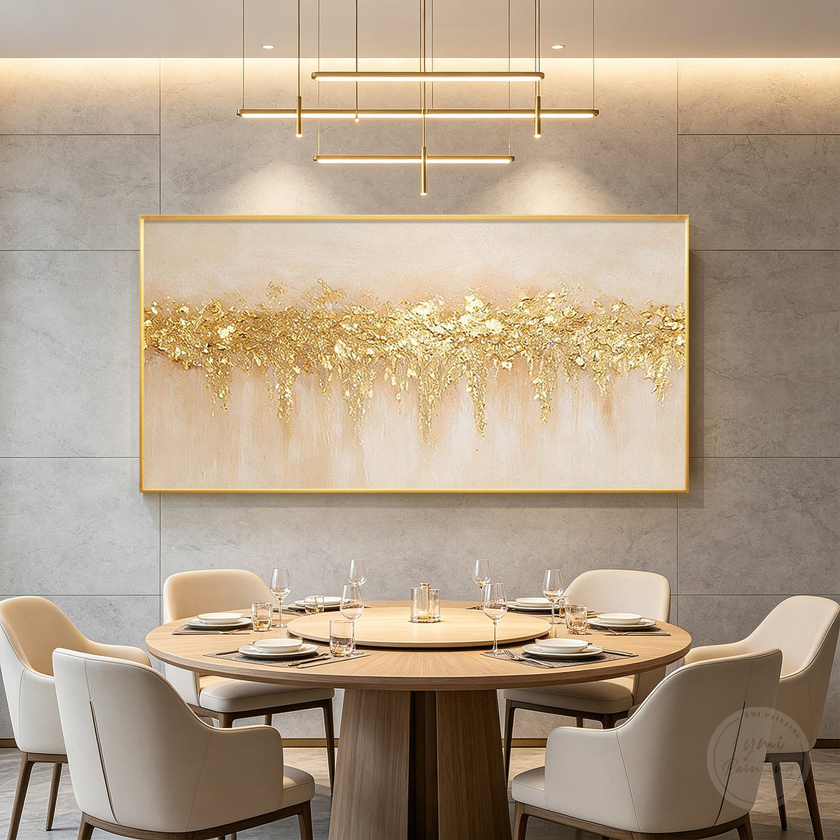 Contemporary neutral abstract artwork with gold texture and fine vertical strokes.