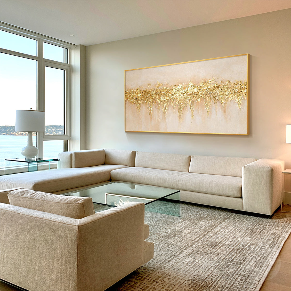 Modern beige and gold abstract canvas featuring a wide organic textured band.