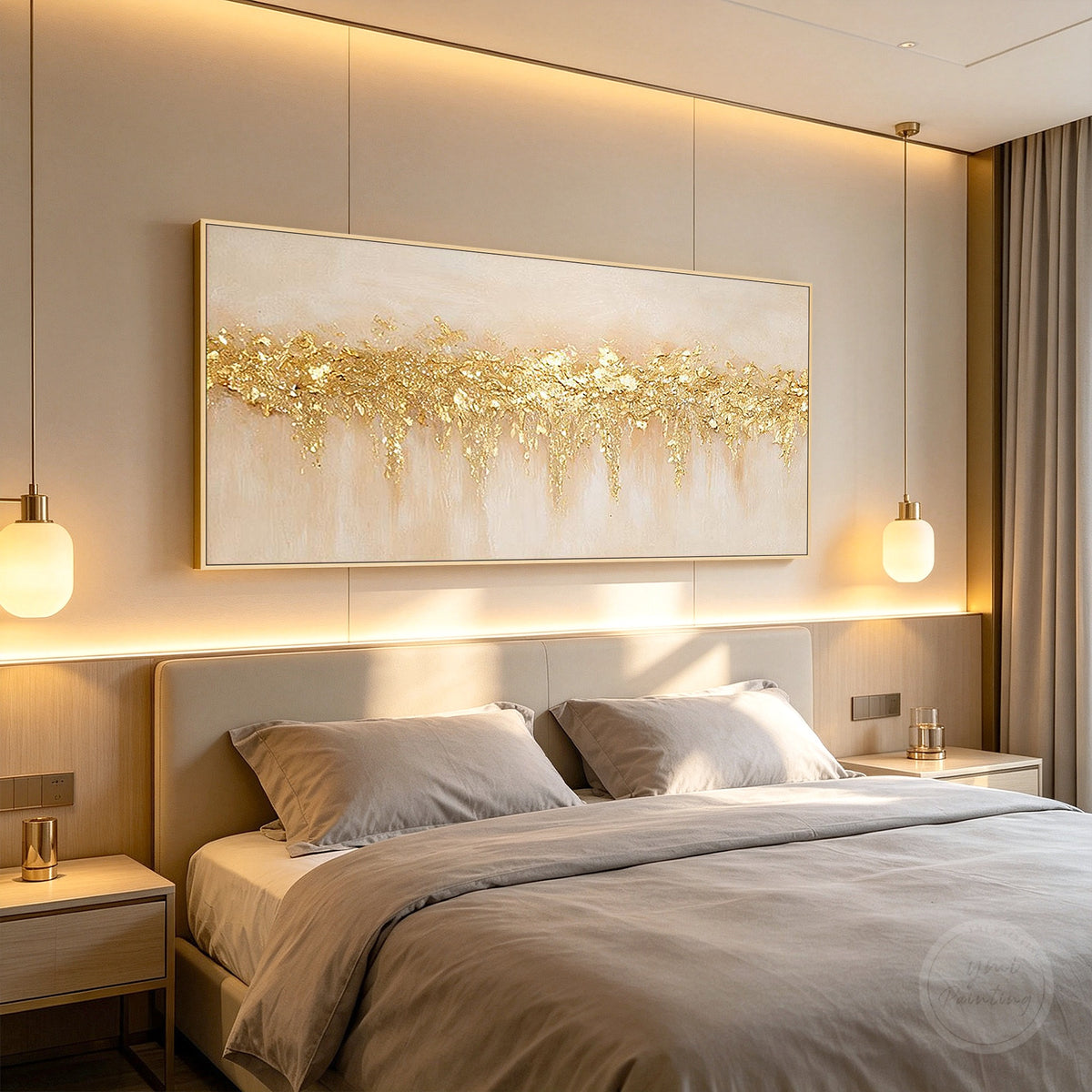 Modern beige and gold abstract canvas featuring a wide organic textured band.