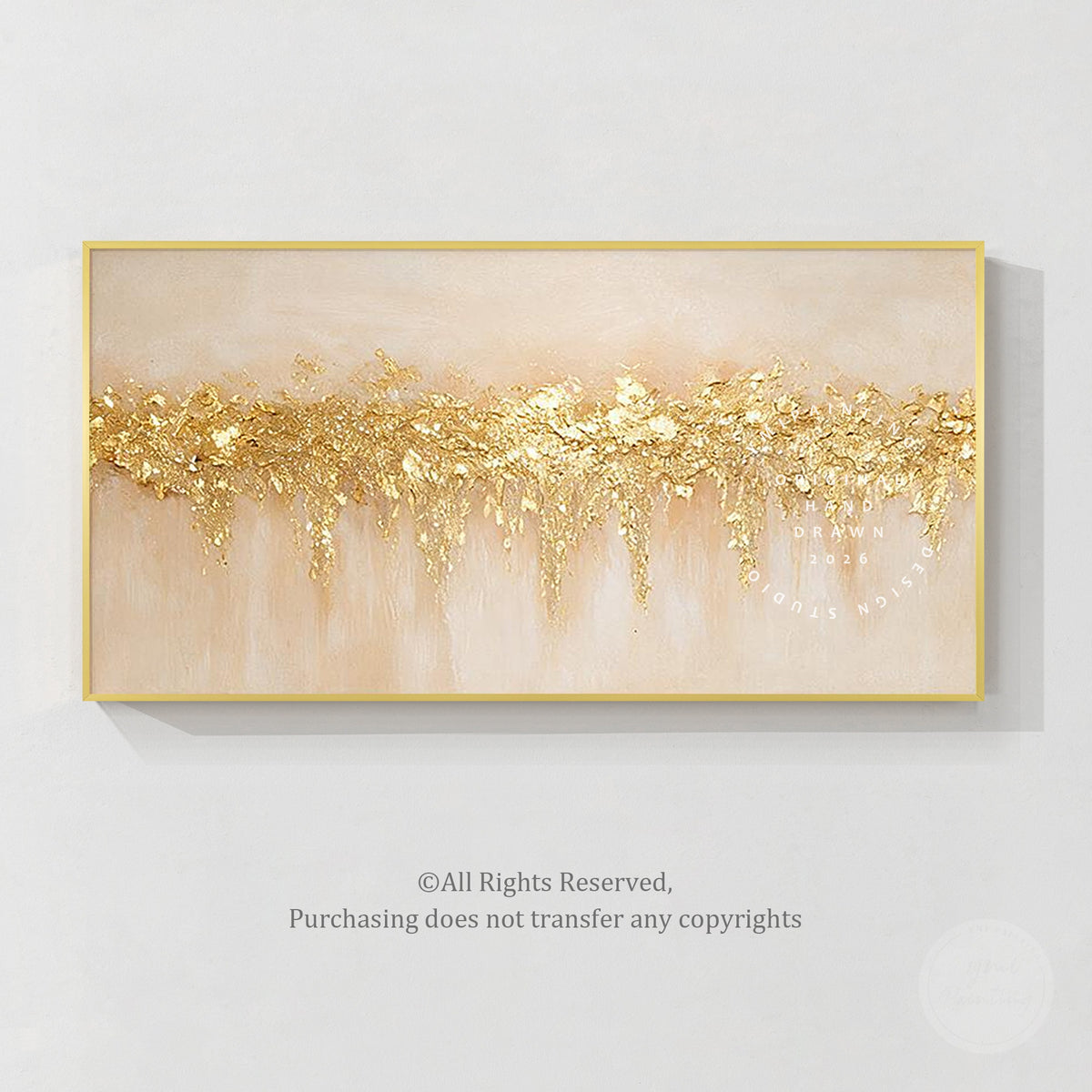 Modern gold and beige abstract wall decor with organic shapes and layered visual depth.