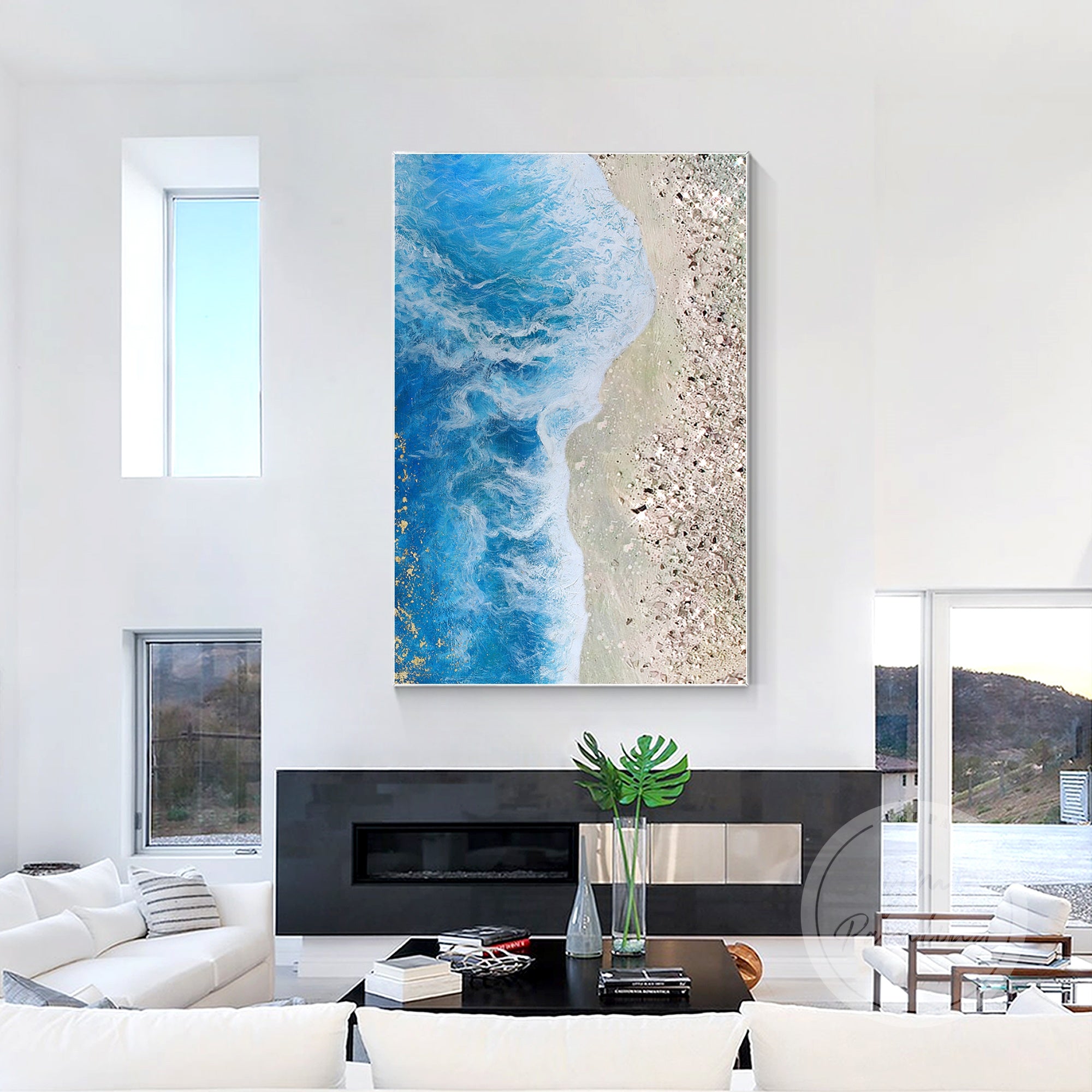 Minimalist coastal art with glitter and crushed glass accents