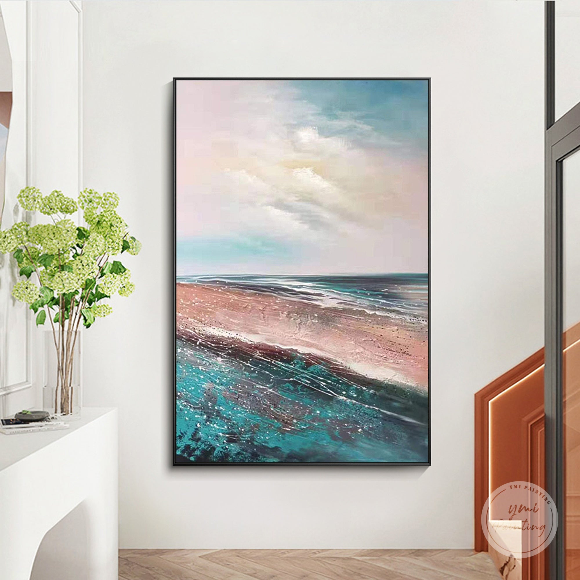 Coastal beach wall art for entryway interior with soft pastel sky and shoreline
