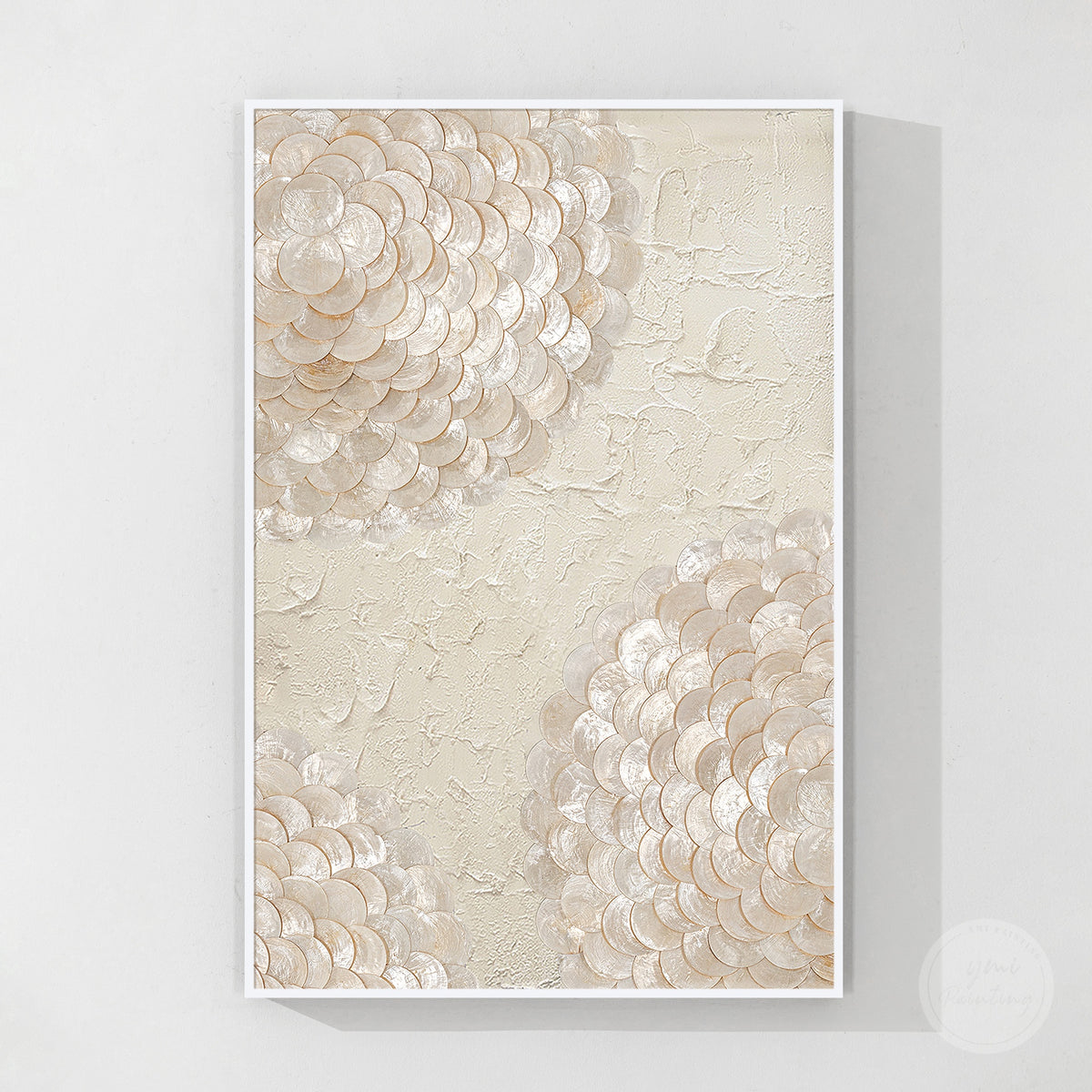 Coastal Capiz shell artwork in creamy beige and gold, three-dimensional shadowbox with acrylic protection.