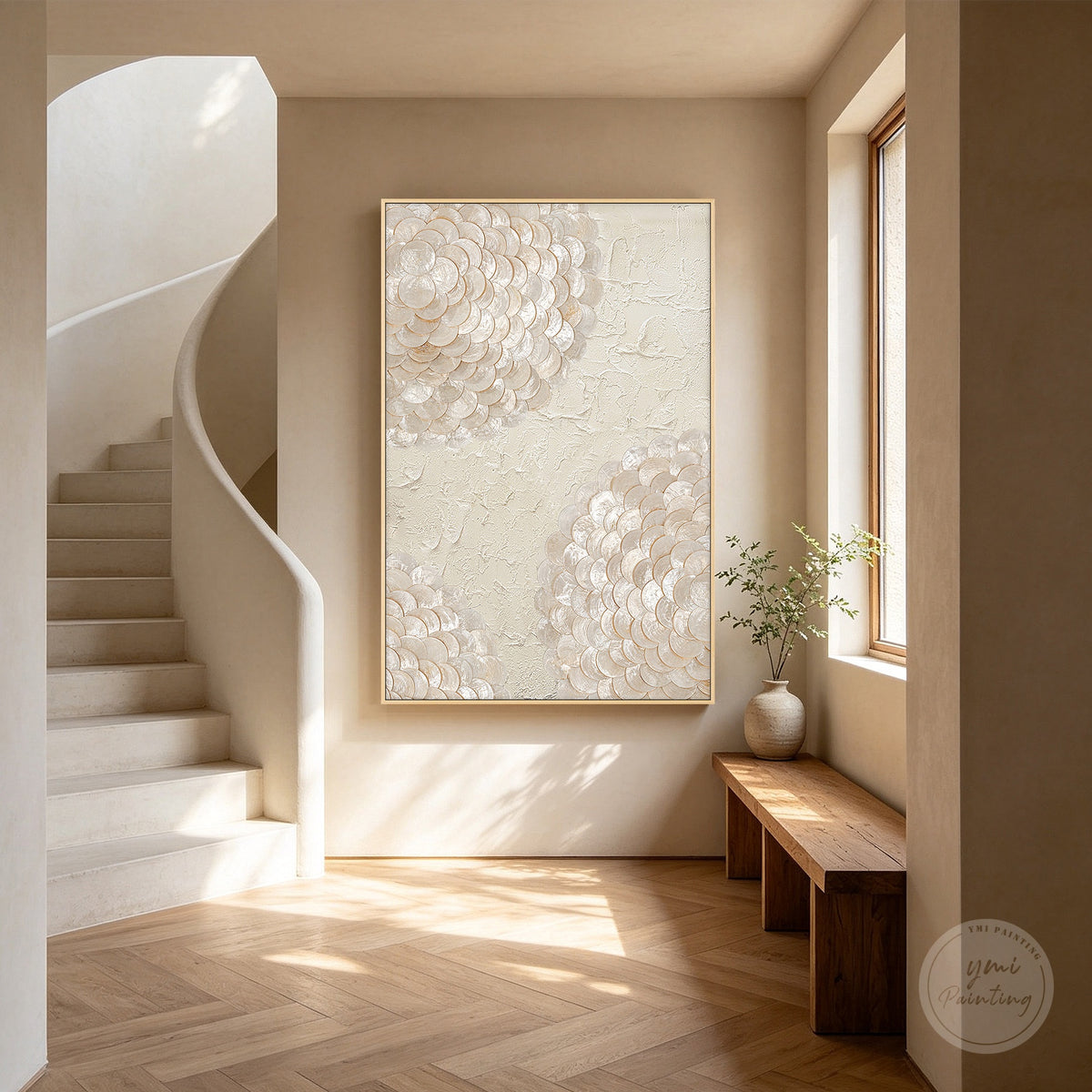 Coastal Capiz shell artwork in creamy beige and gold, three-dimensional shadowbox with acrylic protection.