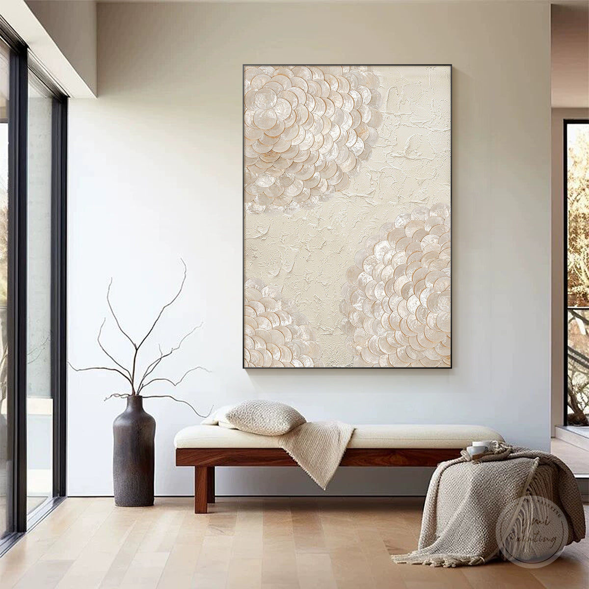 Coastal Capiz shell artwork in creamy beige and gold, three-dimensional shadowbox with acrylic protection.