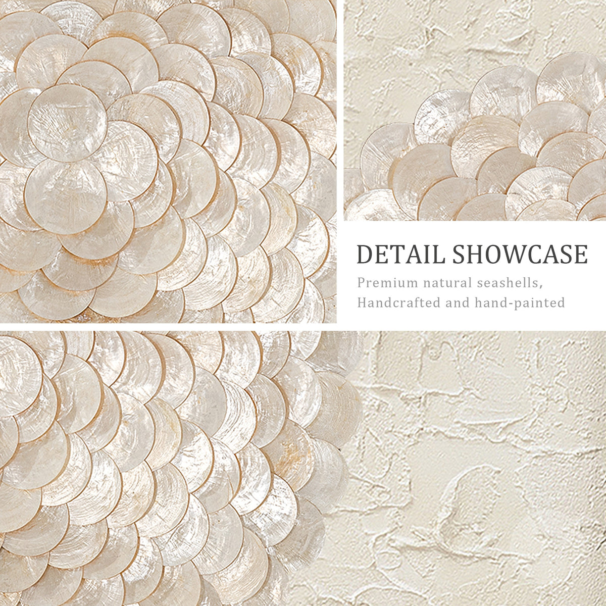 Coastal Capiz shell artwork in creamy beige and gold, three-dimensional shadowbox with acrylic protection.