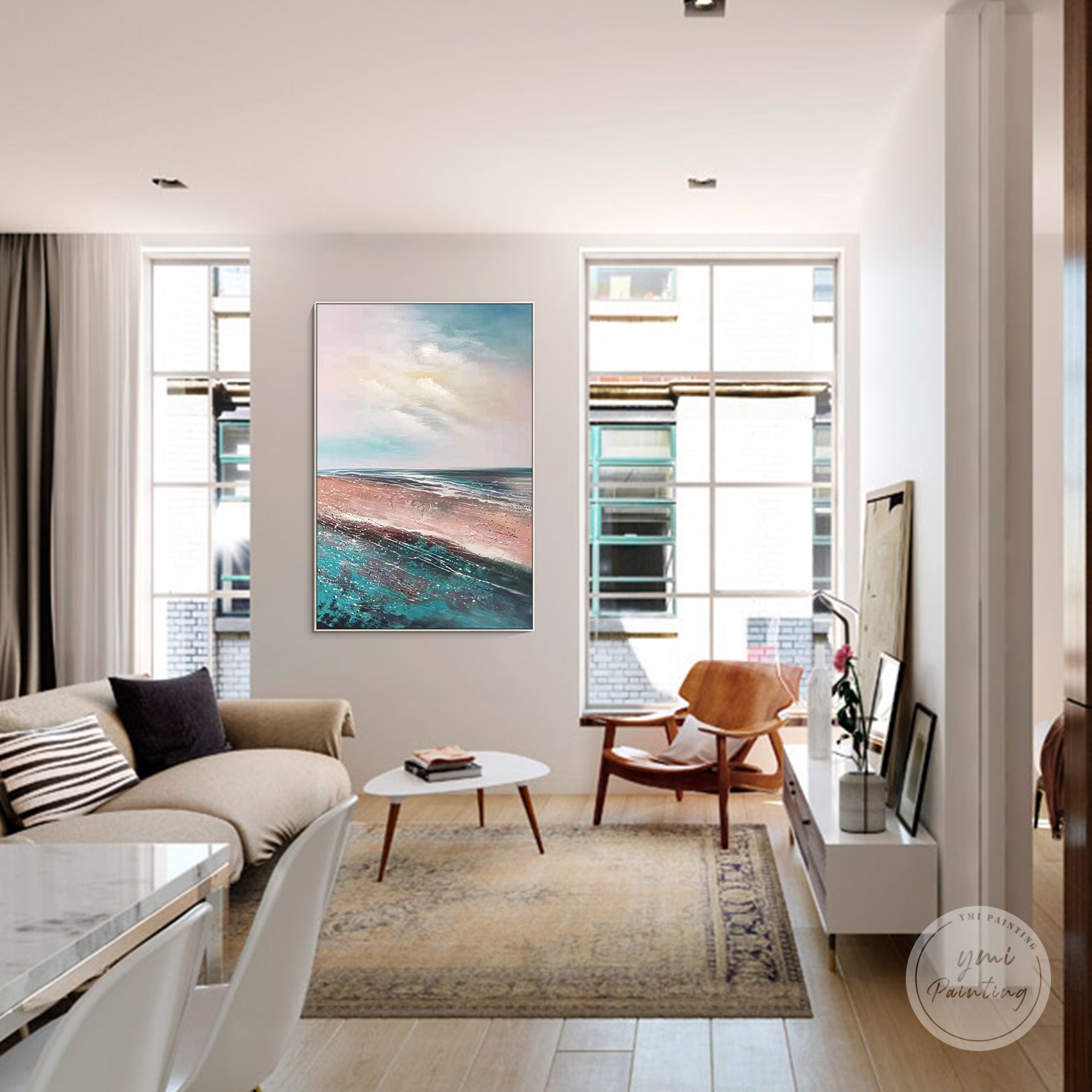 Coastal seascape wall art for living room with pastel sea and modern home style