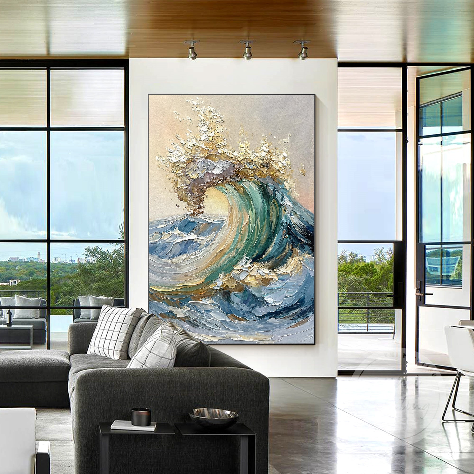 Dynamic wave art with golden and teal accents